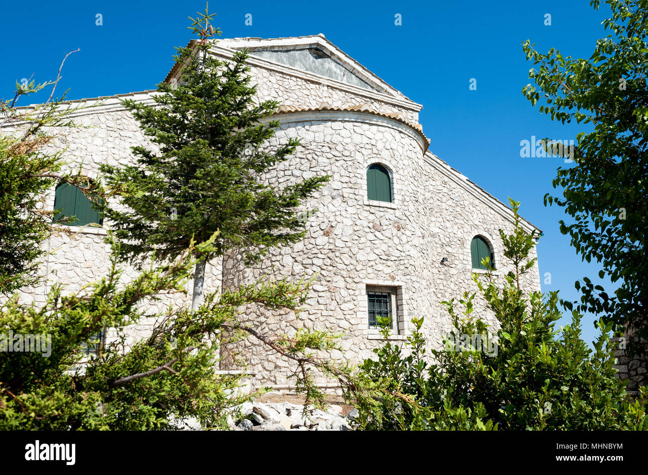 Monastery dedicated to the transfiguration of Christ at the top of Mount Pantokrator, Corfu, Ionian Islands, Greece Stock Photo