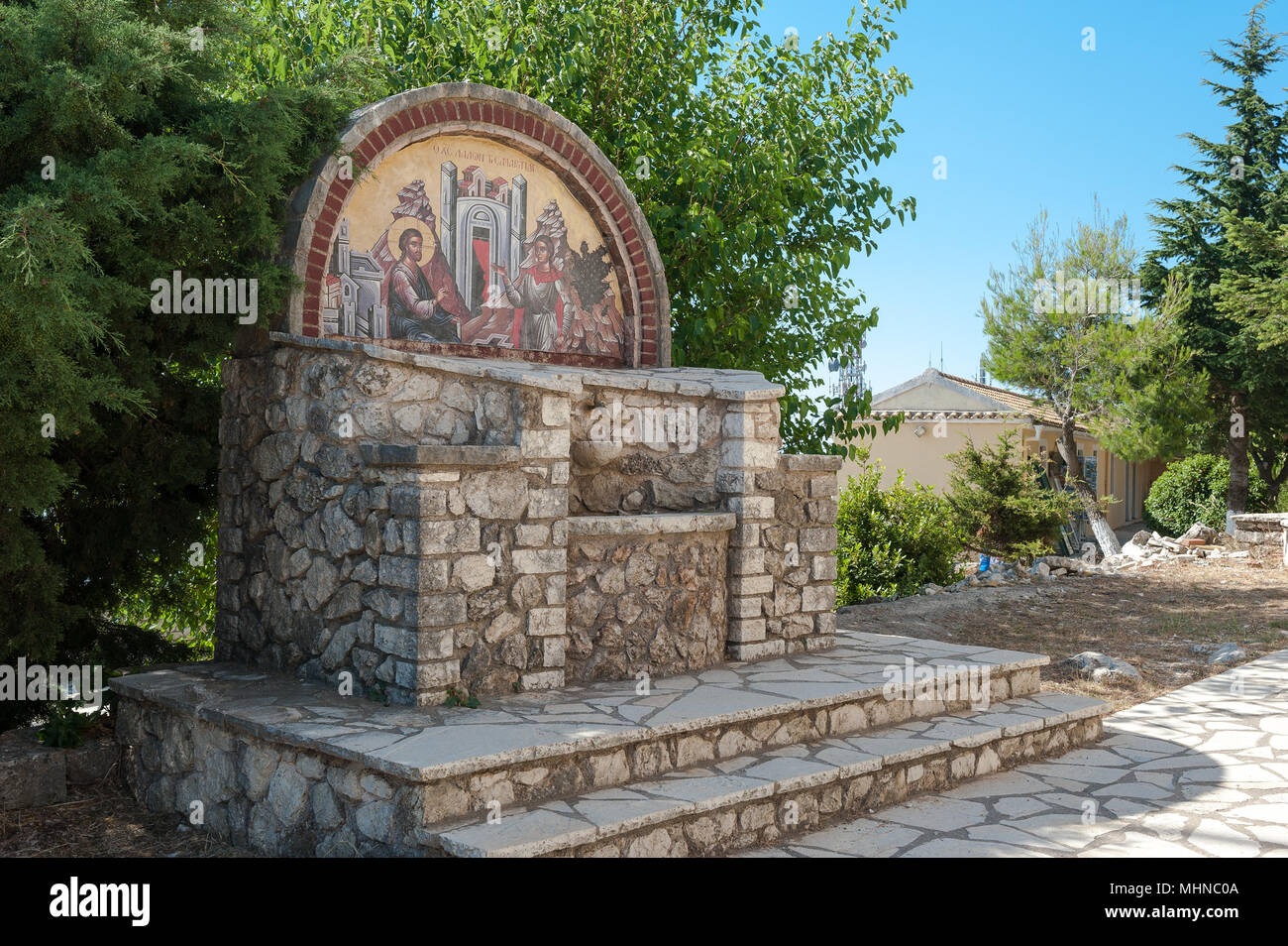 Monastery dedicated to the transfiguration of Christ at the top of Mount Pantokrator, Corfu, Ionian Islands, Greece Stock Photo