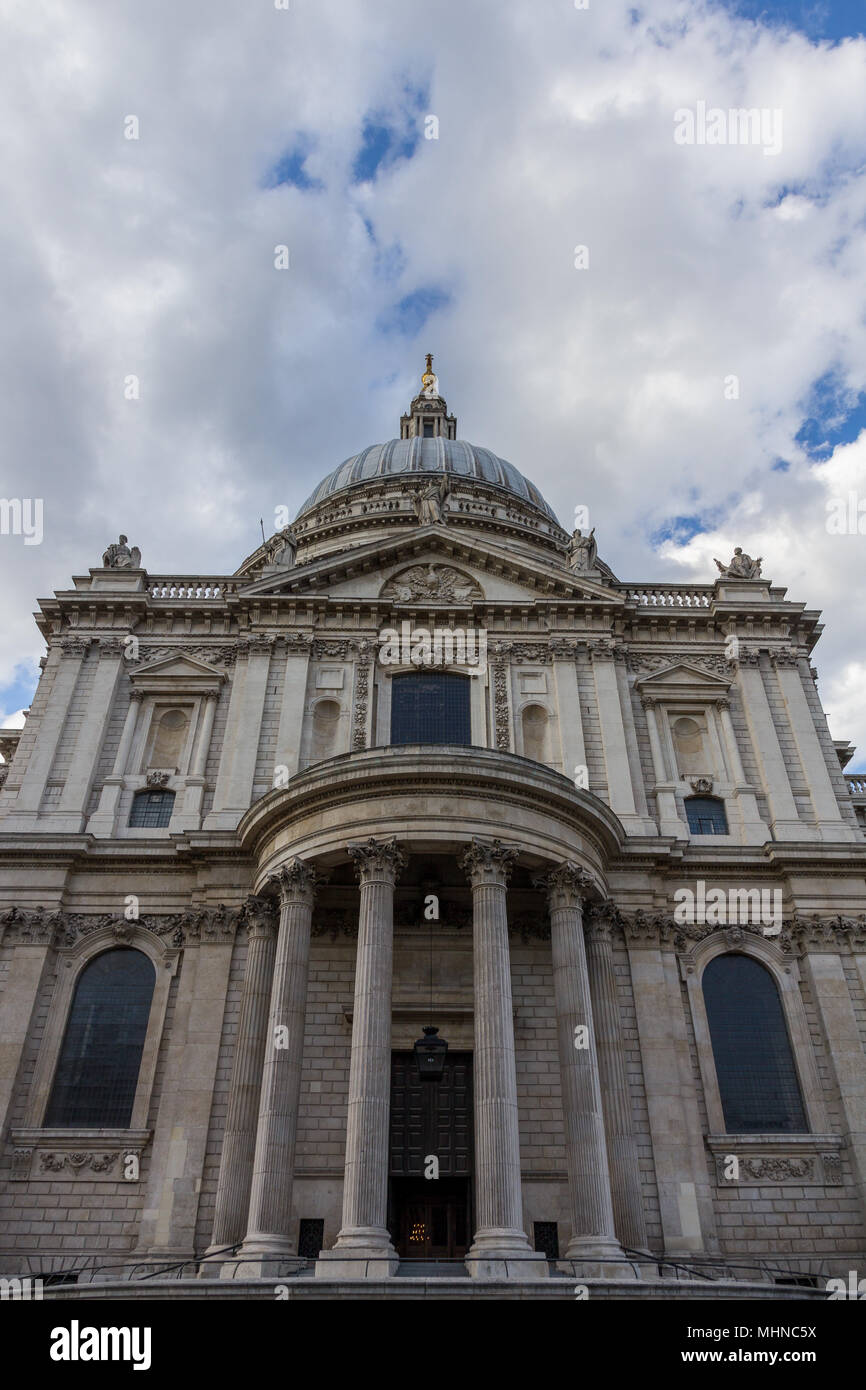 An imposing view of St Paul's Cathedral - a historic Anglican Cathedral designed by Sir Christopher Wren in 1710 Stock Photo