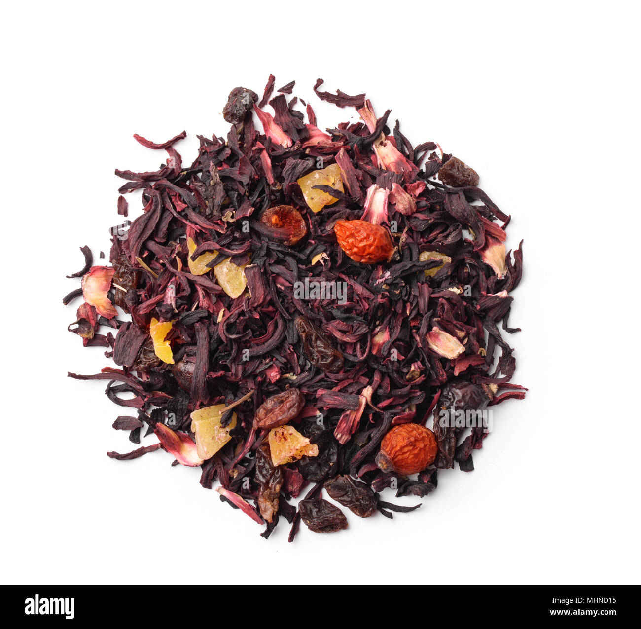 Top view of organic herbal tea with fruits and flowers isolated on white Stock Photo Alamy