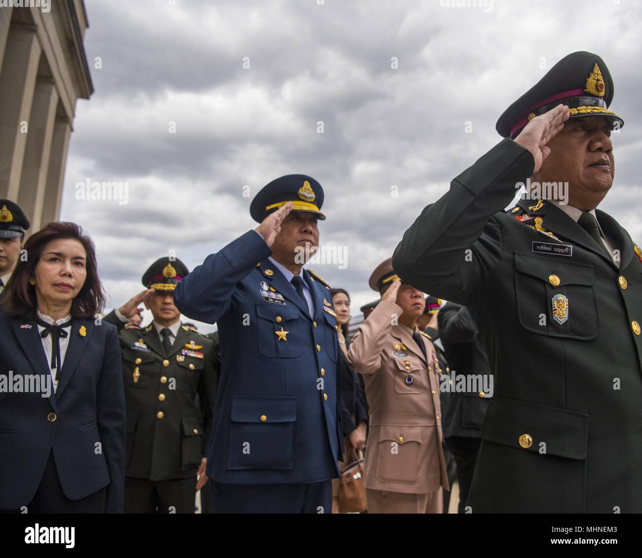 Defense Secretary James N. Mattis meets with His Excellency Prawit Wongsuwon, Minister of Defence for the Kingdom of Thailand at the Pentagon in Washington, D.C. April 23, 2018, April 23, 2018. (DoD photo by Tech Sgt. Vernon Young Jr.). () Stock Photo