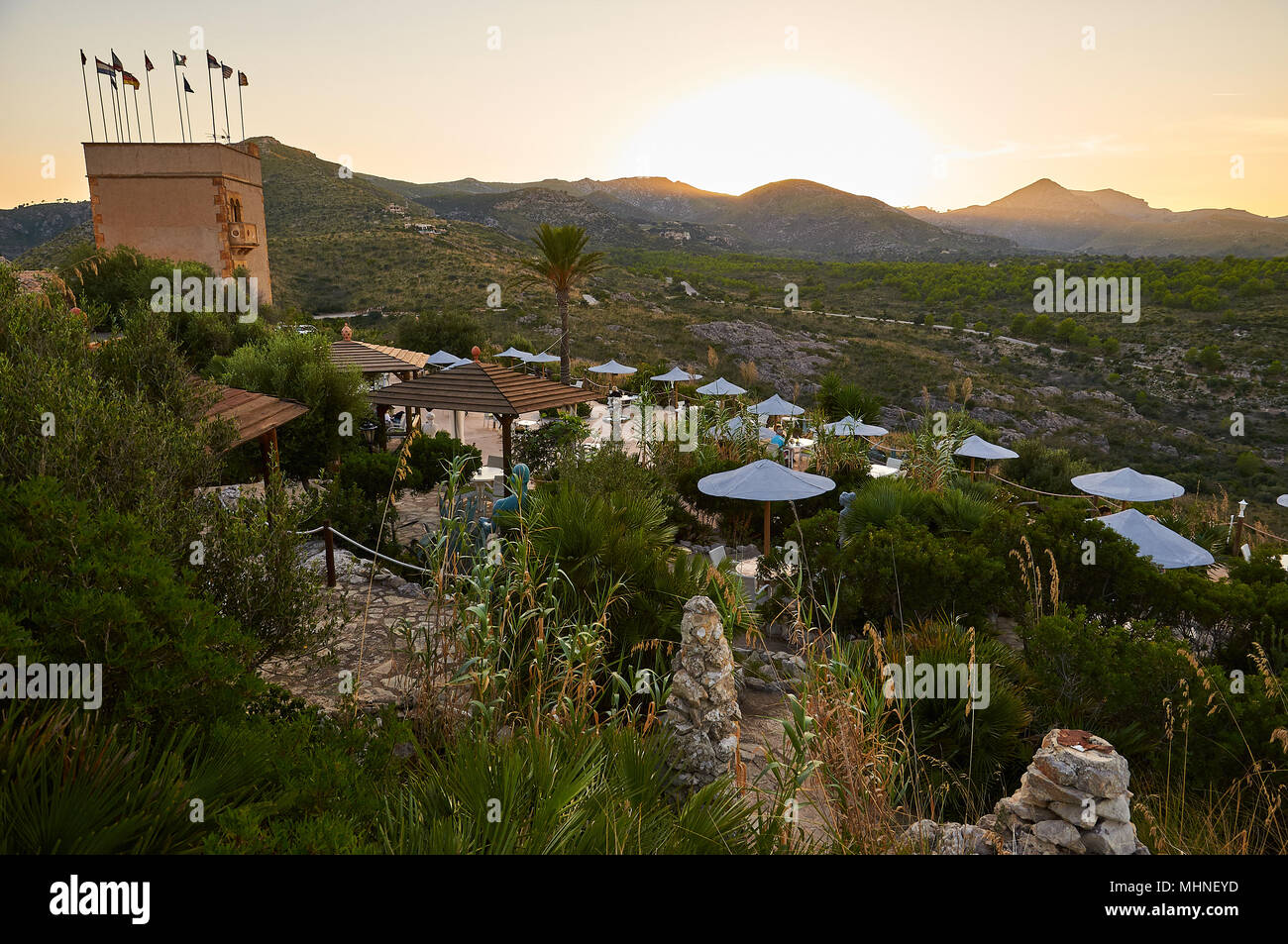 Sunset from Sa Duaia agrotourism hotel with a panoramic view of the mountains of Artà (Majorca, Balearic Islands, Spain) Stock Photo