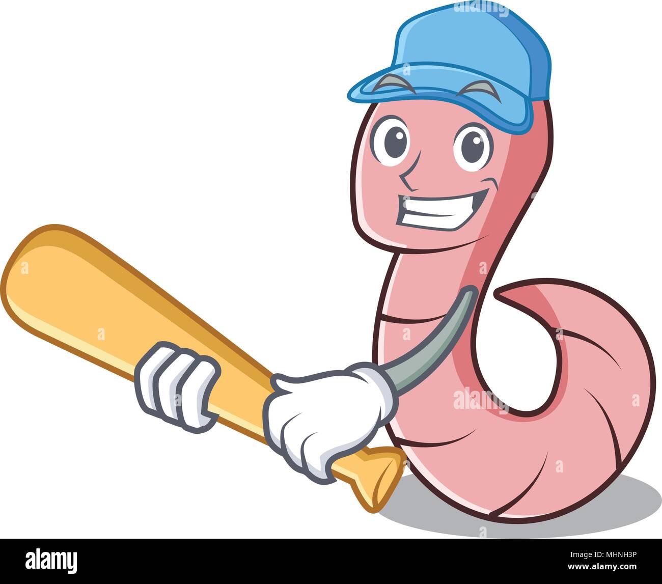 Playing baseball worm character cartoon style Stock Vector
