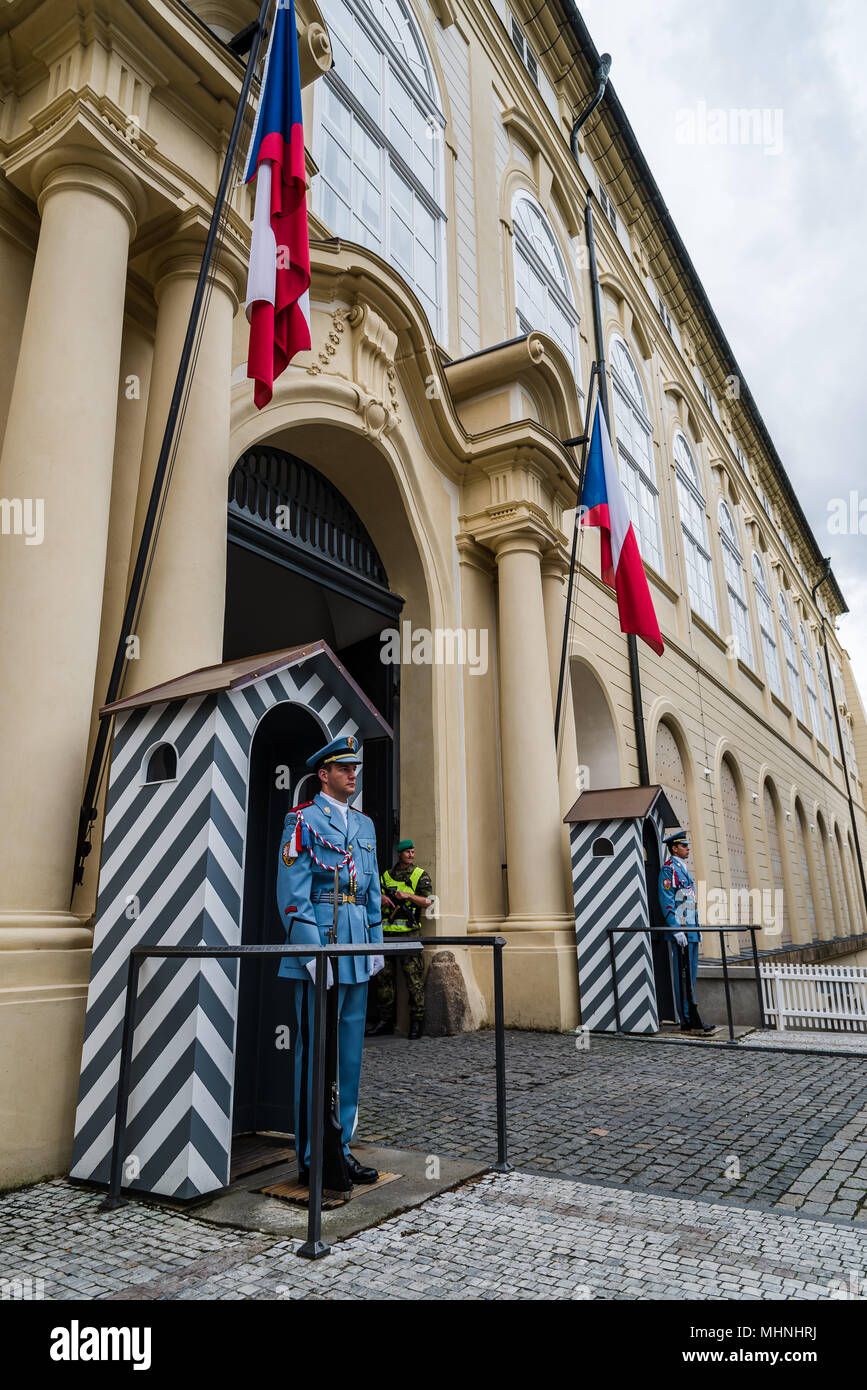 Prague, Czech Republic - August 19, 2017: Soldiers guarding the Royal Palace of Prague. Stock Photo