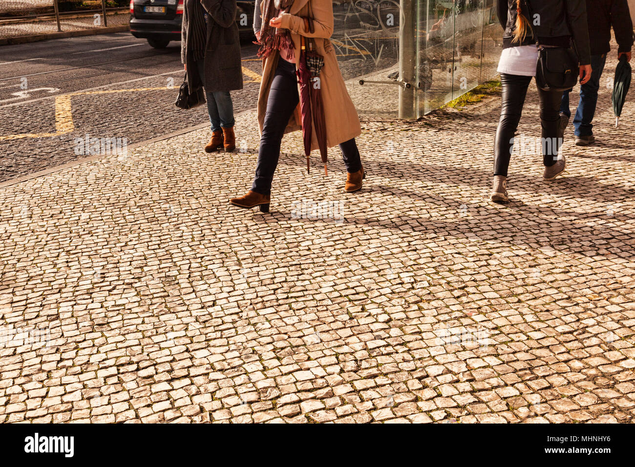 27 February 2018: Lisbon, Portugal - Portugese Pavement, or calcada portuguesa, the tiled or mosaic pavements found in many pedestrian areas in Portug Stock Photo
