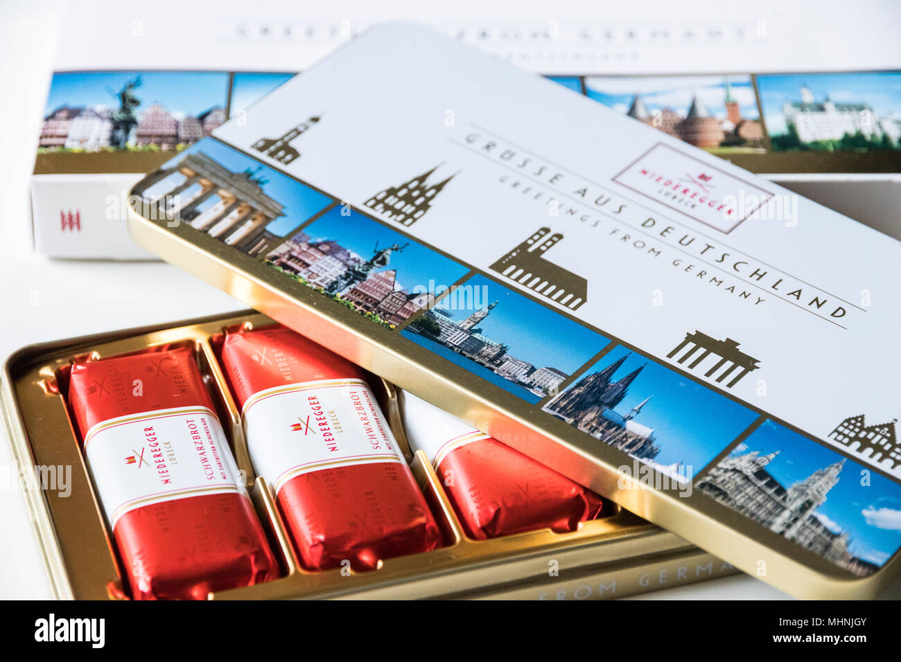 Lubeck, Germany. Lubeck marzipans open box, produced by J. G. Niederegger GmbH and Co KG Stock Photo