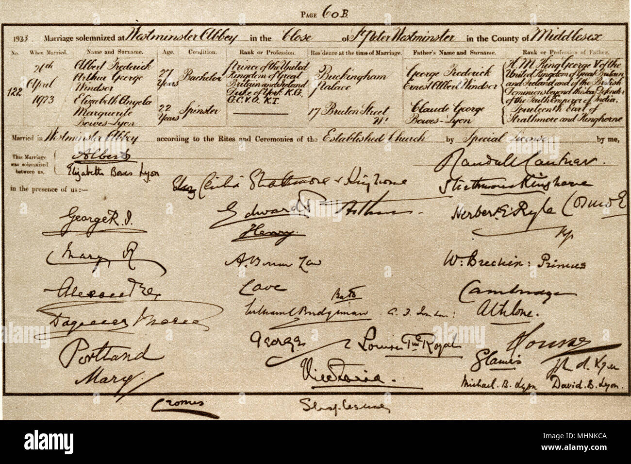 Prince Albert and Elizabeth Bowes Lyon, Marriage Certificate Stock Photo
