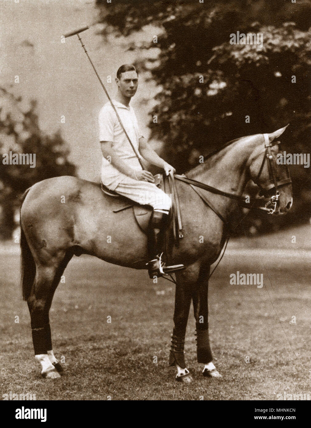 Albert, Duke of York (1895-1952) (later King George VI) playing Polo - posing seated on his favourite pony just before taking part in this 'strenuous sport'.     Date: 1923 Stock Photo