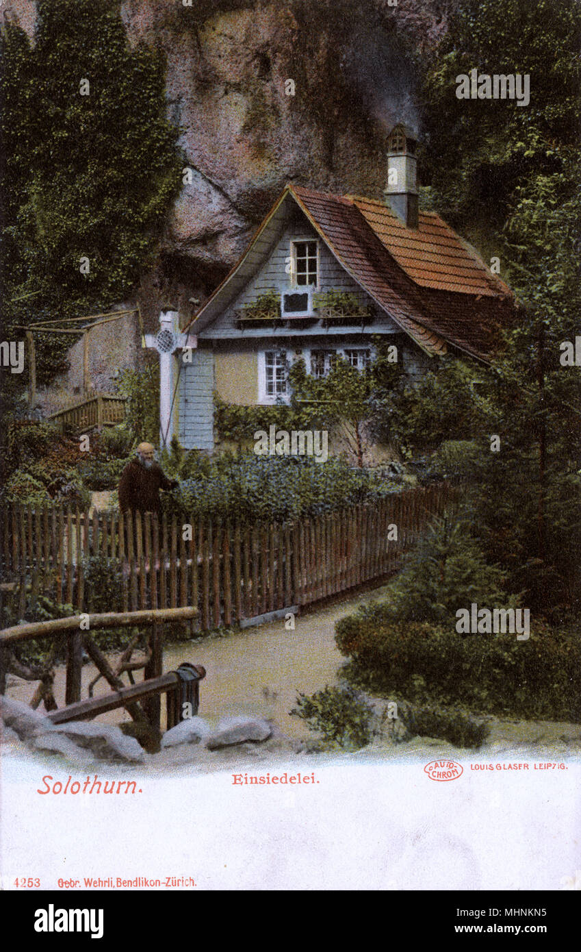 A Christian Hermit in the garden of his Hermitage at Solothurn, a canton in northwestern Switzerland, in the Jura mountains.     Date: circa 1907 Stock Photo