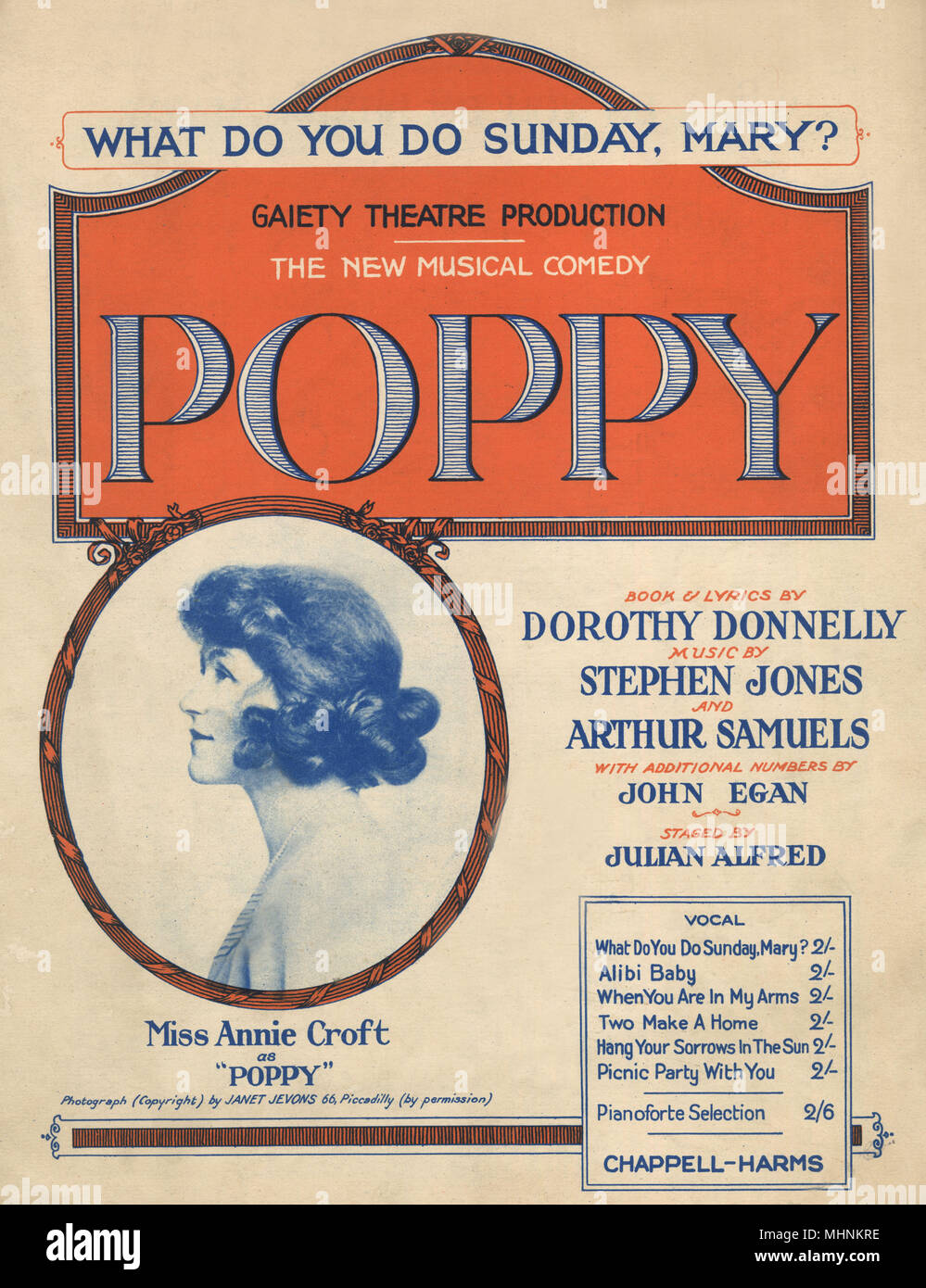 Annie Croft as 'Poppy' - Music Sheet Cover. A Musical Comedy in 3 Acts. Book &amp; lyrics by Dorothy Donnelly: Music by Stephen Jones and Arthur Samuels: Additional numbers by John Egan. 'What do you do Sunday, Mary', Apollo Theatre, Broadway - 13 September, 1923, photo of Miss Annie Croft by Janet Jevons     Date: circa 1923 Stock Photo