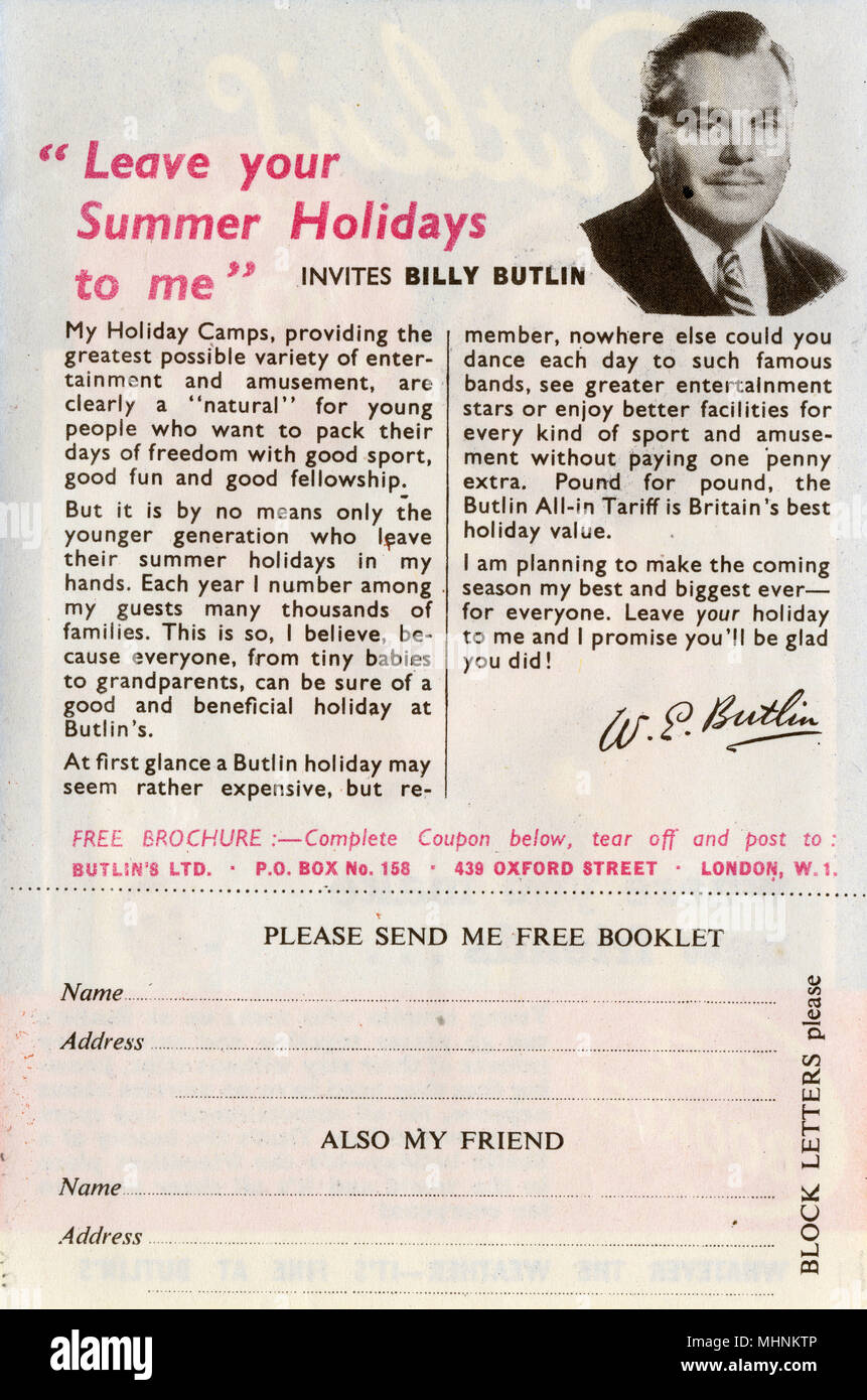 Reverse of a Flyer for a free Butlin's Holiday Booklet - Billy Butlin himself (1899-1980) invites you to &quot;Leave your Summer Holidays to me&quot;.     Date: late 1930s Stock Photo