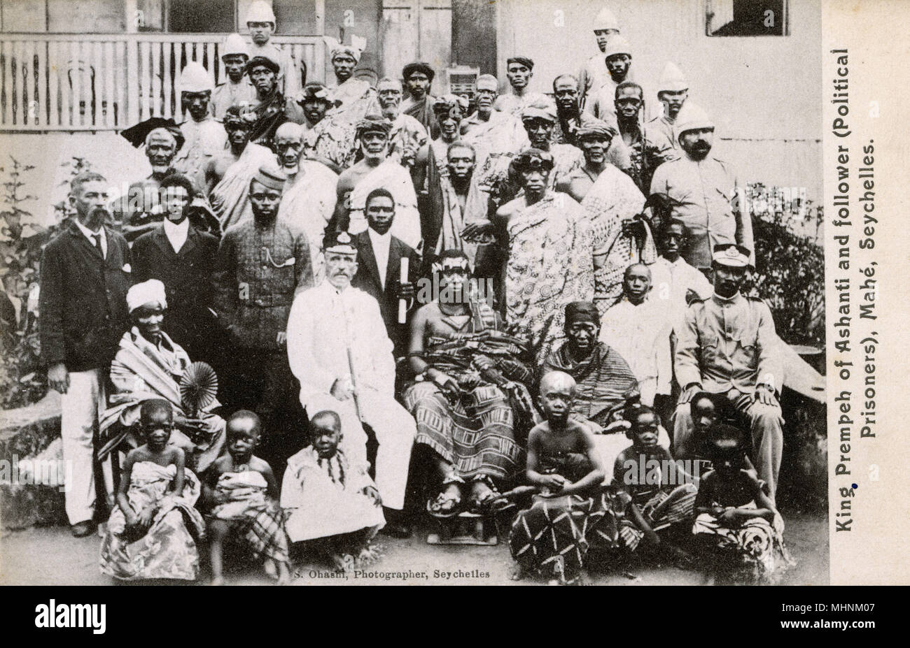 Mahe, Seychelles - King Prempeh of Ashanti and Followers (Political Prisoners). Prempeh I (Otumfuo Nana Prempeh I, 18701931) was the 13th King ruler of the Asante state of the Kingdom of Ashanti and the Asante Oyoko Abohyen Dynasty. King Asantehene Prempeh I ruled from 1888 until his death in 1931, and fought an Ashanti war against Britain in 1893. In December 1895, the British left Cape Coast with an expeditionary force. It arrived in Kumasi in January 1896 under the command of Robert Baden-Powell. The Asantehene directed the Ashanti to not resist, as he feared a genocide. Britain annexed the Stock Photo