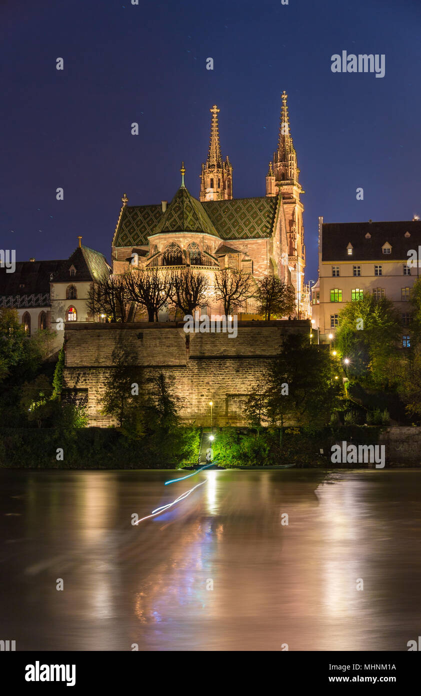 Basel Minster over the Rhine by night - Switzerland Stock Photo