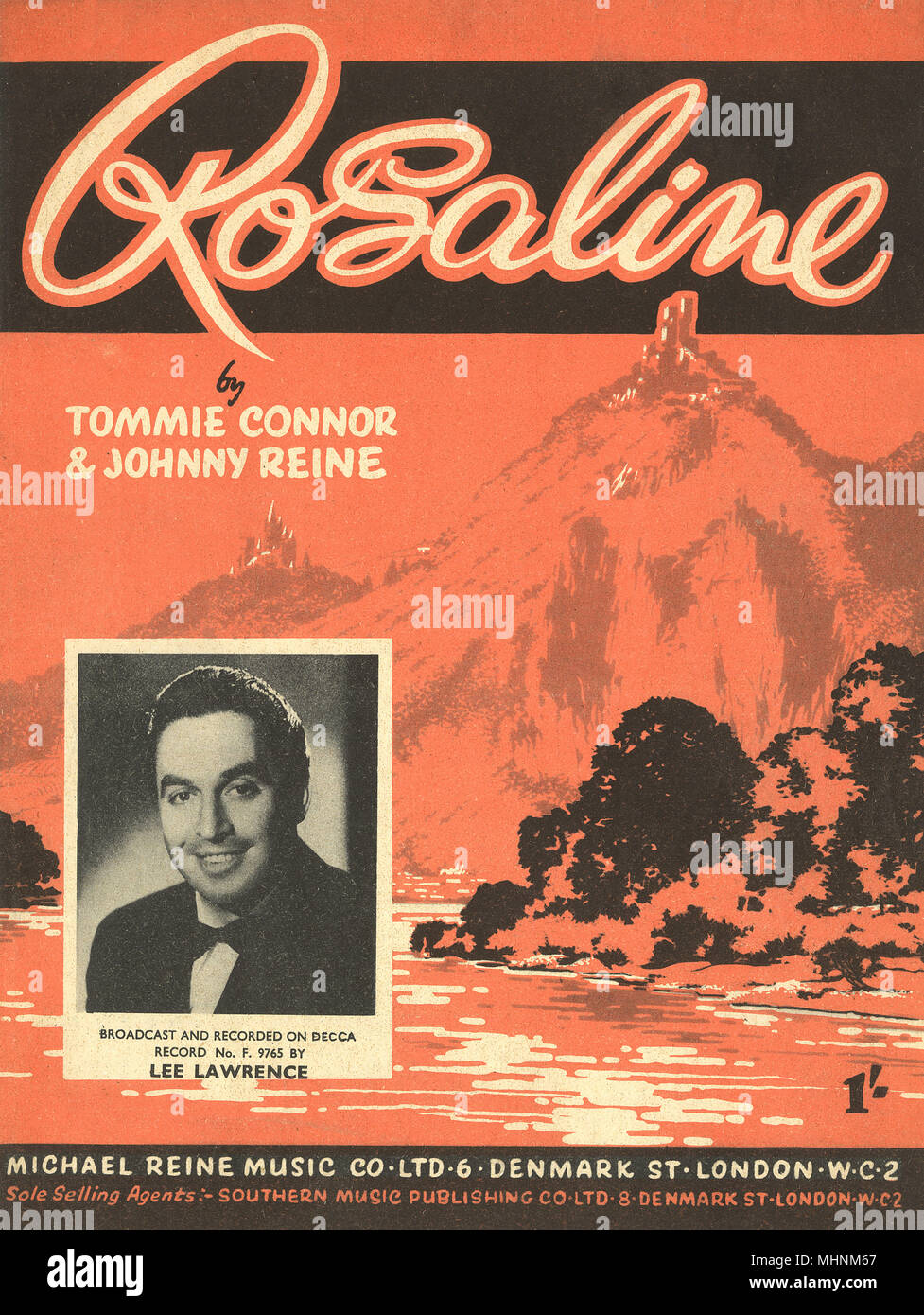 Rosaline - Music Sheet Cover by Tommie Connor and Johnny Reine, broadcast and recorded by Lee Lawrence. An illustration with a photo of Lee Lawrence on the left bottom.     Date: circa 1951 Stock Photo