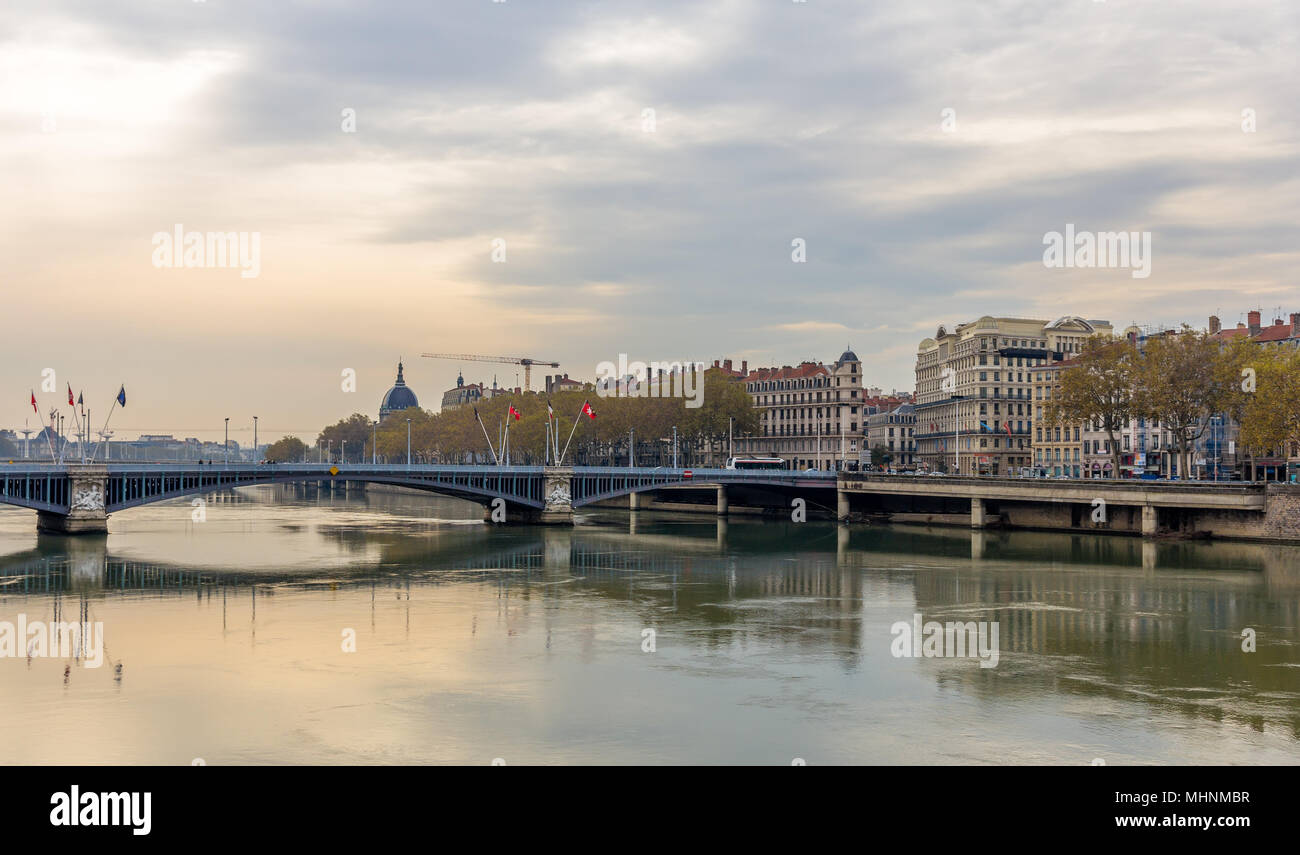 Lyon city on banks of Saone river - France Stock Photo