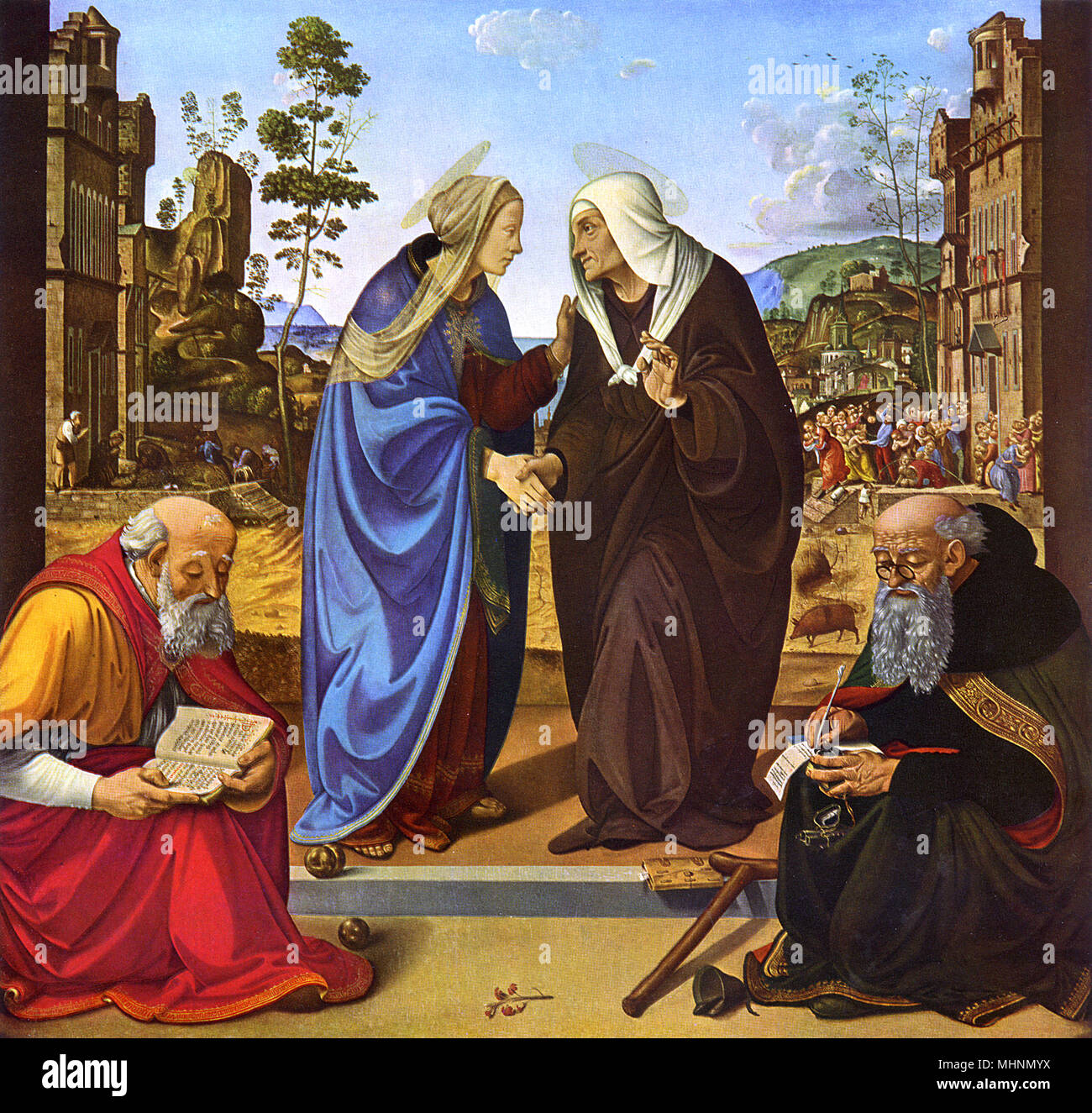 The Visitation with two Saints by Piero di Cosimo (1462-c.1521) - painting on wood for the Chapel of Gino Capponi in Santo Spirito, Florence     Date: late 15th century Stock Photo