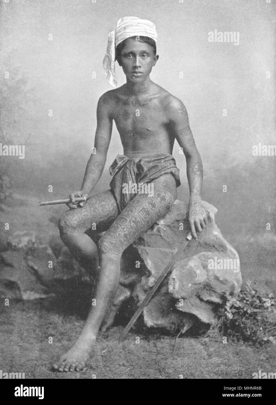 BURMA. Burma. Burmese Tattooing; in blue from waist to knee 1900 old print Stock Photo