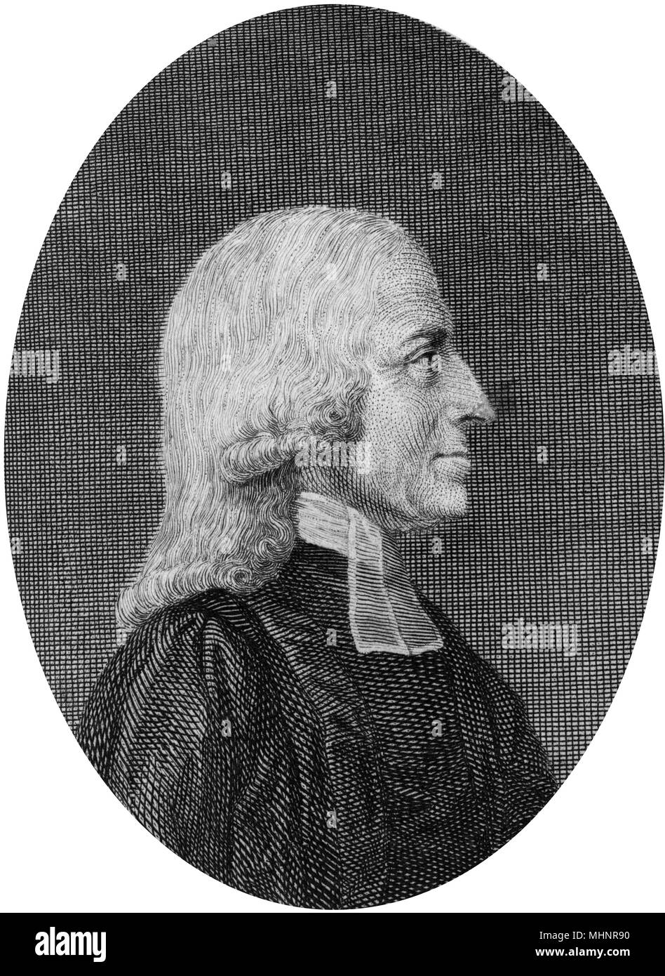 John Wesley (1703-1791) - British clergyman and theologian - founder of methodism, methodists, profile, side face, wig, robe, band,     Date: circa 1780s Stock Photo