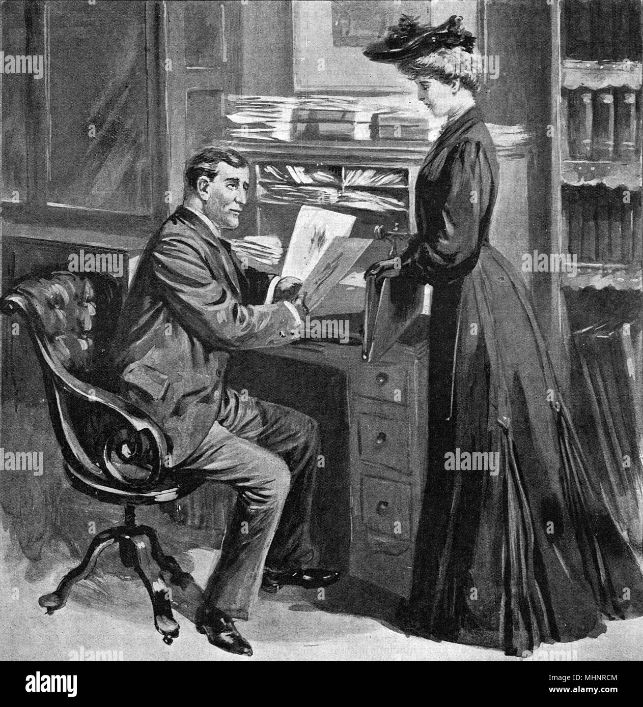 A female artist presents her portfolio, perhaps to an editor of an illustrated magazine.       Date: 1906 Stock Photo