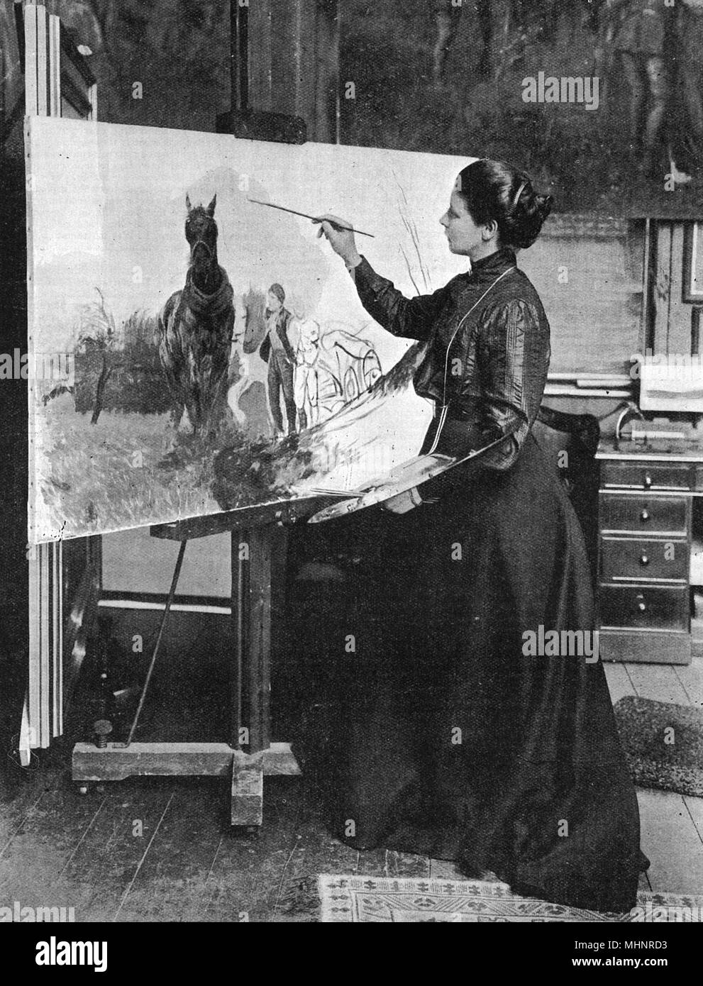 Lucy Kemp-Welch (1869 - 1958), artist and painter, mainly of equestrian subjects, pictured in her studio. Illustrated Black Beauty. as well as a number of World War I posters.      Date: 1906 Stock Photo