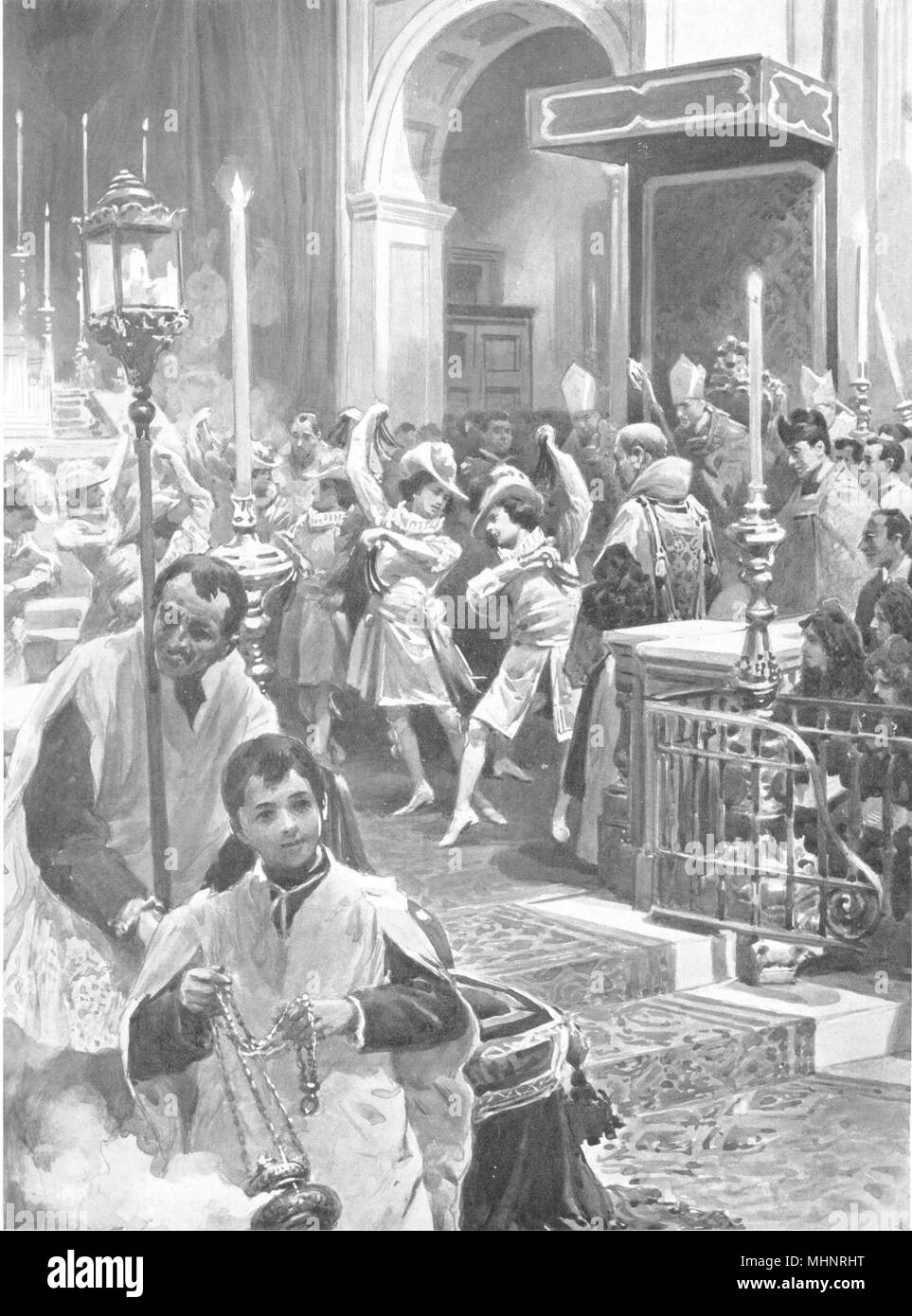 SPAIN. A Religious Dance, Seville; Holy week boys before High Altar 1900 print Stock Photo