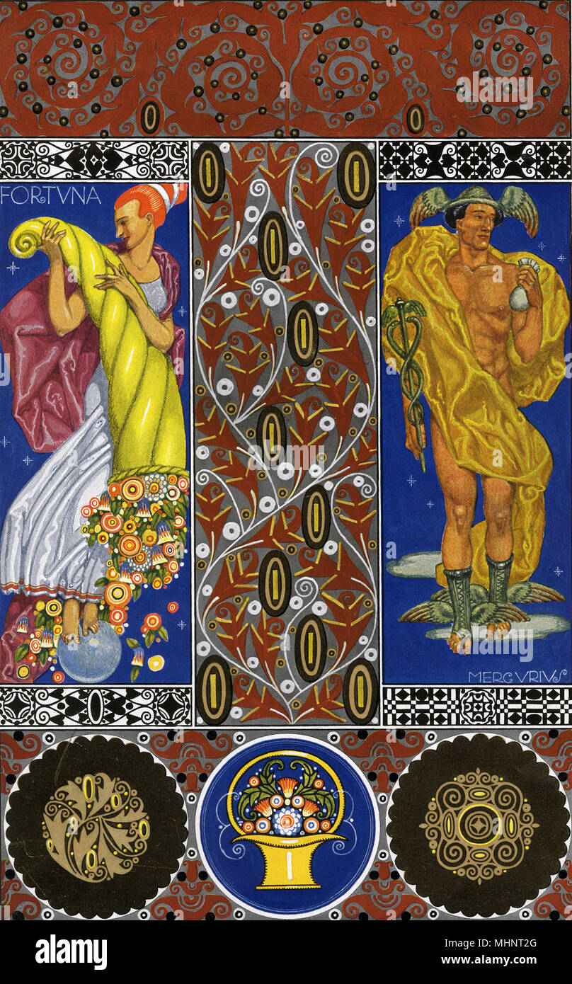 Stylised illustration depicting Fortune bearing an overflowing cornucopia and Mercury, the winged messenger god. The Vienna Secession was an art movement formed in 1897 by a group of Austrian artists including painters, sculptors, and architects. Diveky was at the heart of the movement.     Date: 1920s Stock Photo