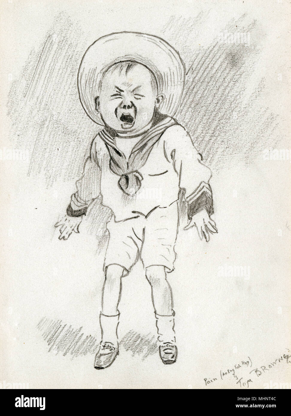 Preparatory pencil sketch by the extremely popular English strip cartoonist, painter and illustrator of the late Victorian and Edwardian period, Tom Browne (1870-1910) entitled: 'Pain' - a boy screaming after some mishap...     Date: circa 1900 Stock Photo