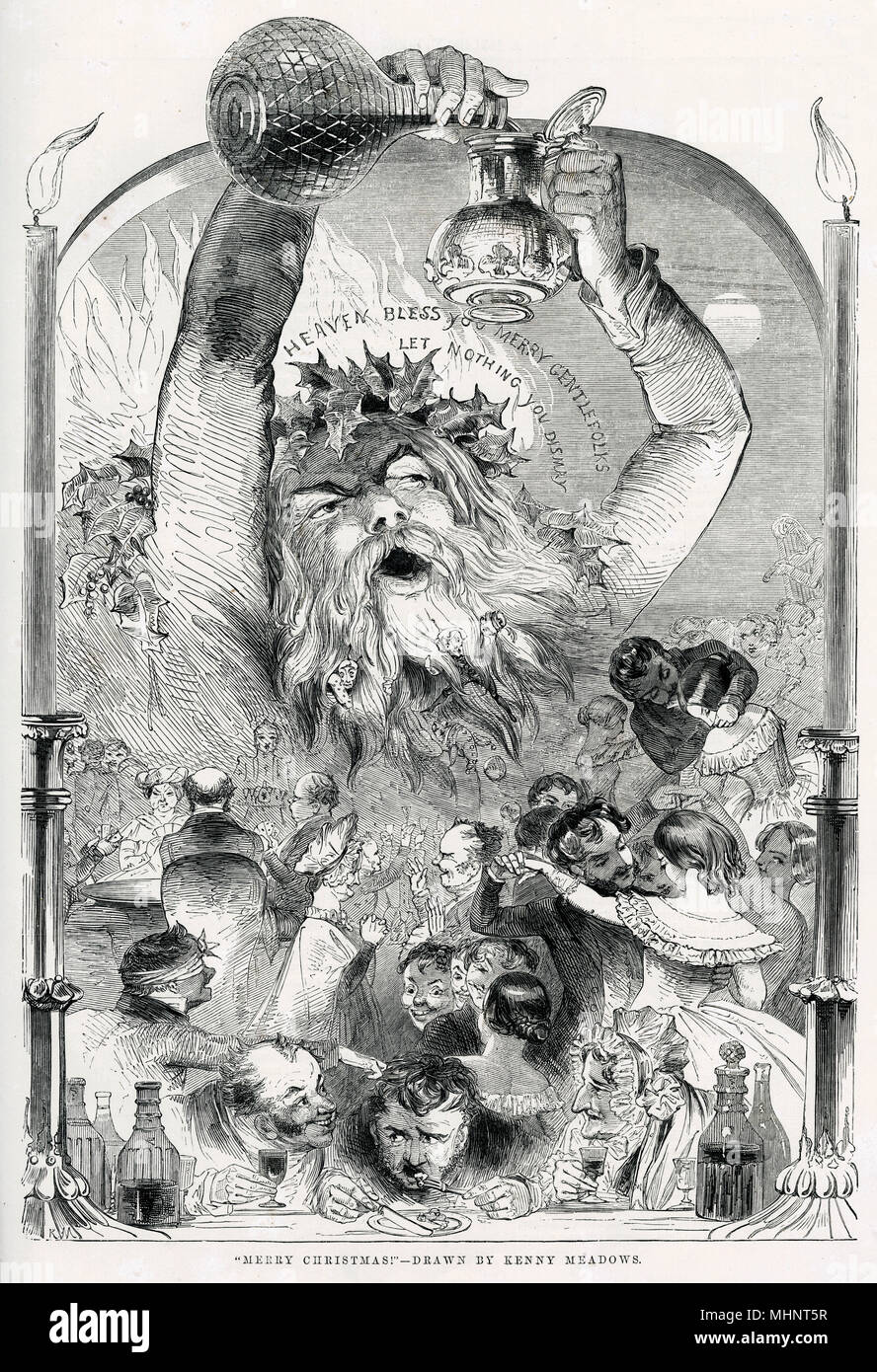 "Heaven Bless you Merry Gentlefolks let Nothing You Dismay," Page of Victorian men and women getting into the Christmas spirit! Indulging themselves in food, drink and dance. Date: circa 1847 Stock Photo