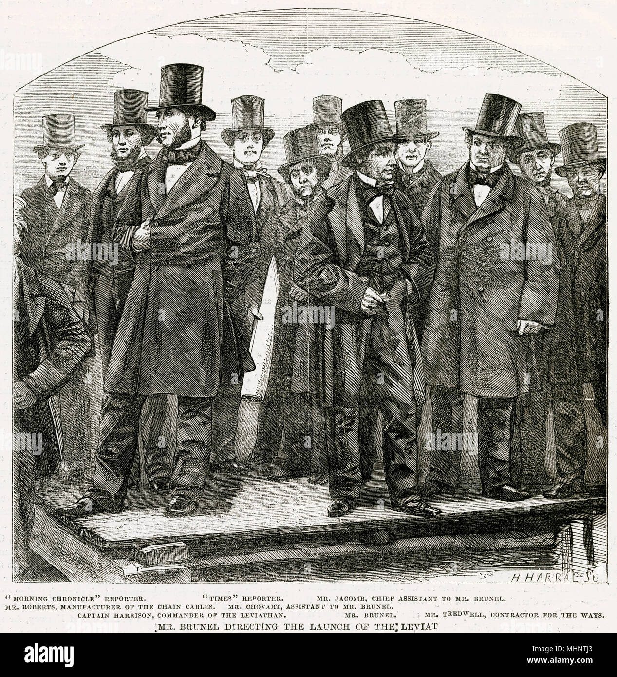 Isambard Kingdom Brunel  (1806 -1859), English mechanical and civil engineer. At the attempt of the first launch of the 'SS Great Eastern', with Scott Russell and Henry Wakefield on his right, Lord Derby on his left      Date: November 1857 Stock Photo
