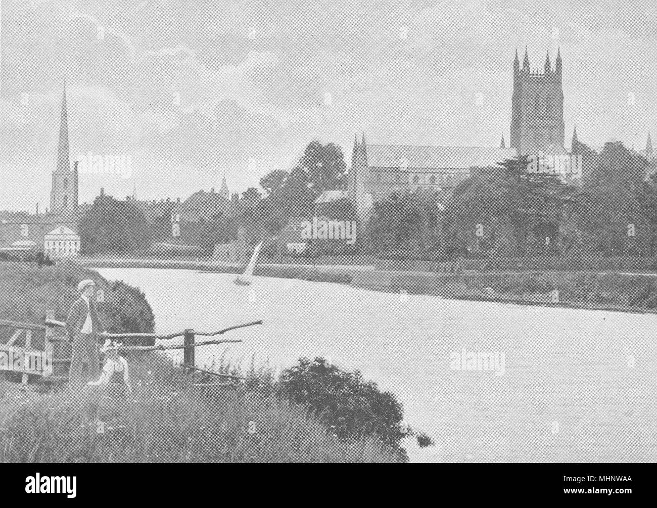 WORCESTERSHIRE. Worcester Cathedral, from the Severn 1901 old antique print Stock Photo
