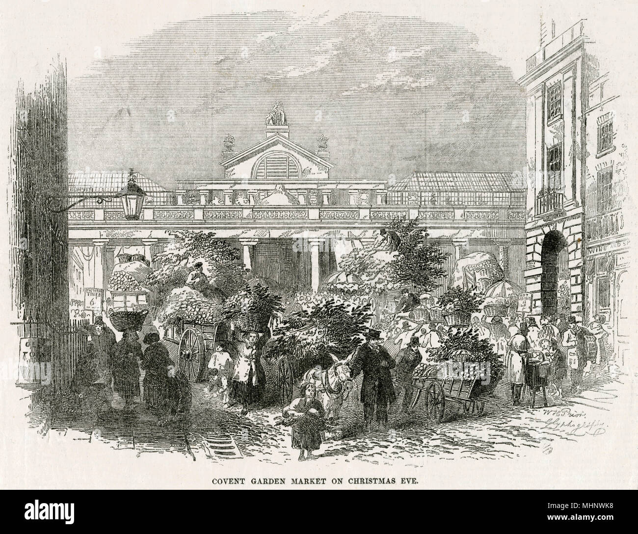 Covent Garden Market, usually the sight of gleaming floods of colourful fruits and fine odours, but over the build up of Christmas the garment of green in which complete transformation of sprigs, holly and mistletoe appear.     Date: 1846 Stock Photo