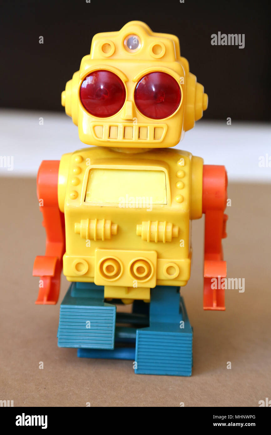 Retro Toy Walking Plastic Robot - Yellow Body (3/3) Stock Photo