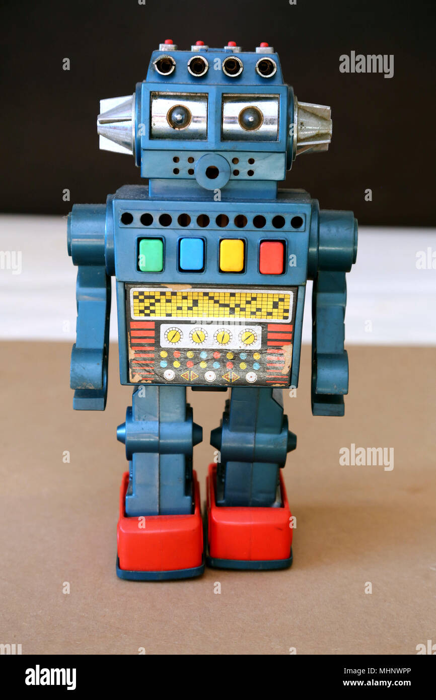 Retro Toy Walking Plastic Robot - Blue-Grey Metallic Body Stock Photo