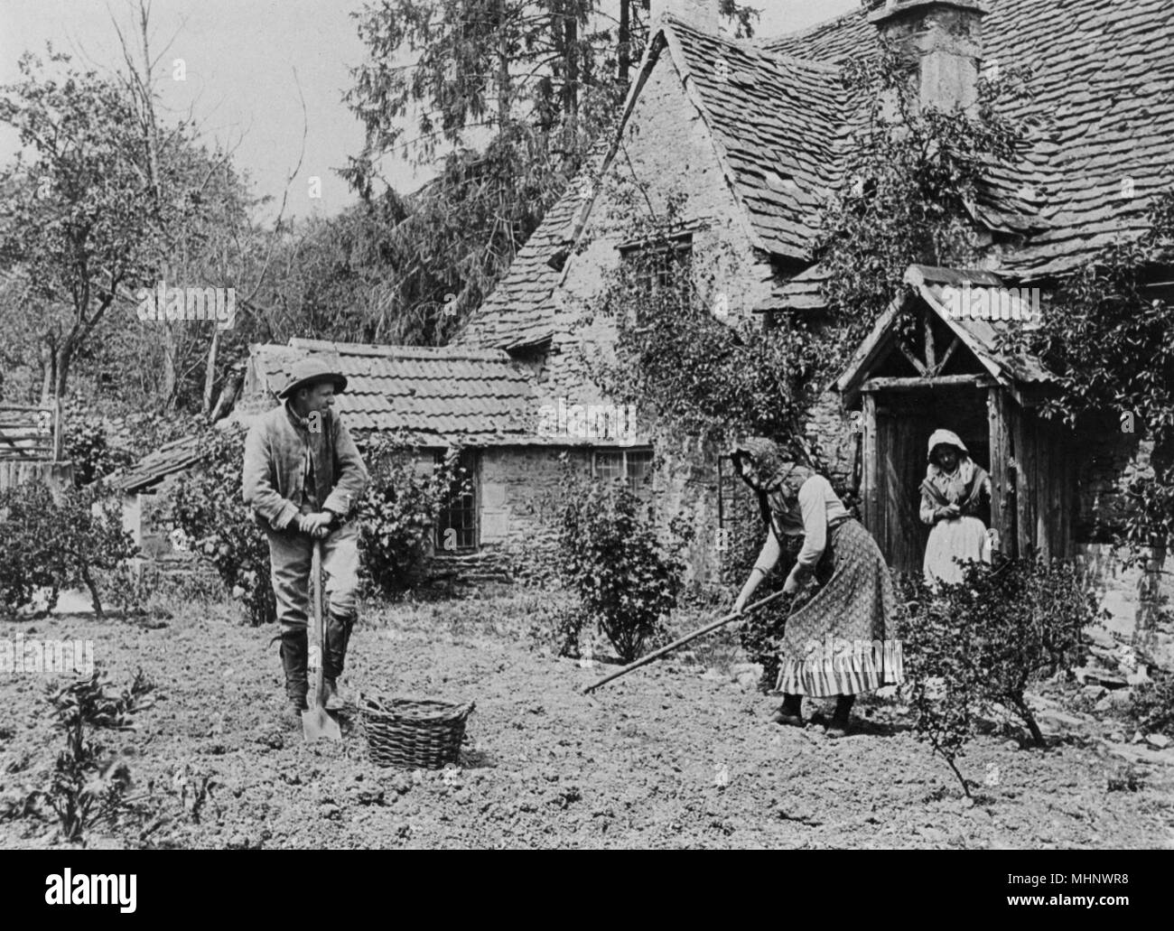 Rustic types digging over a vegetable patch outside a cottage, 1890s     Date: 1890s Stock Photo