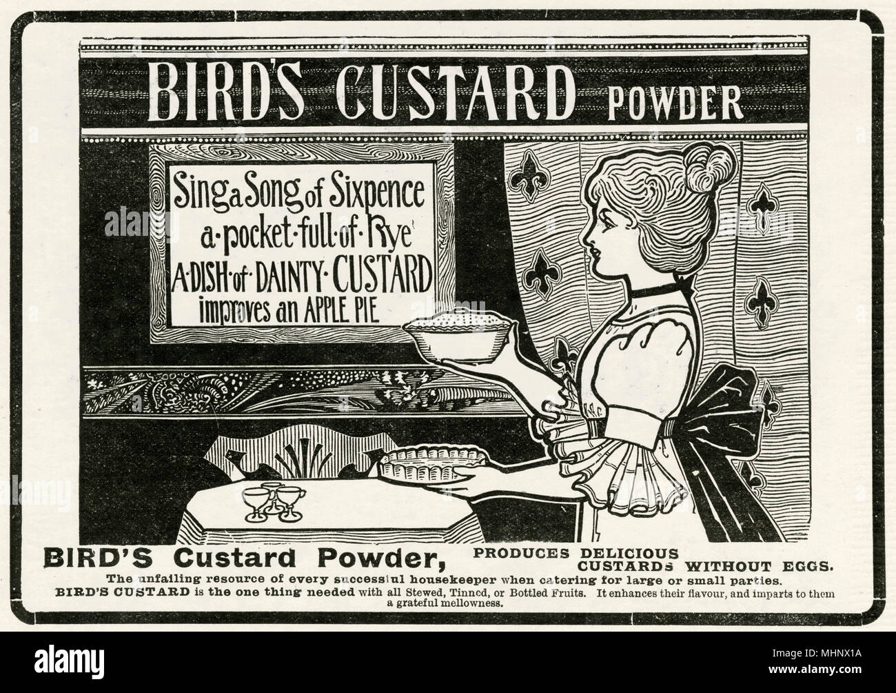 'Sing a song of sixpence a pocket full of rye a dish of dainty CUSTARD improves an apple pie'. Advertisement for Bird's Custard Power, without eggs.     Date: 1905 Stock Photo