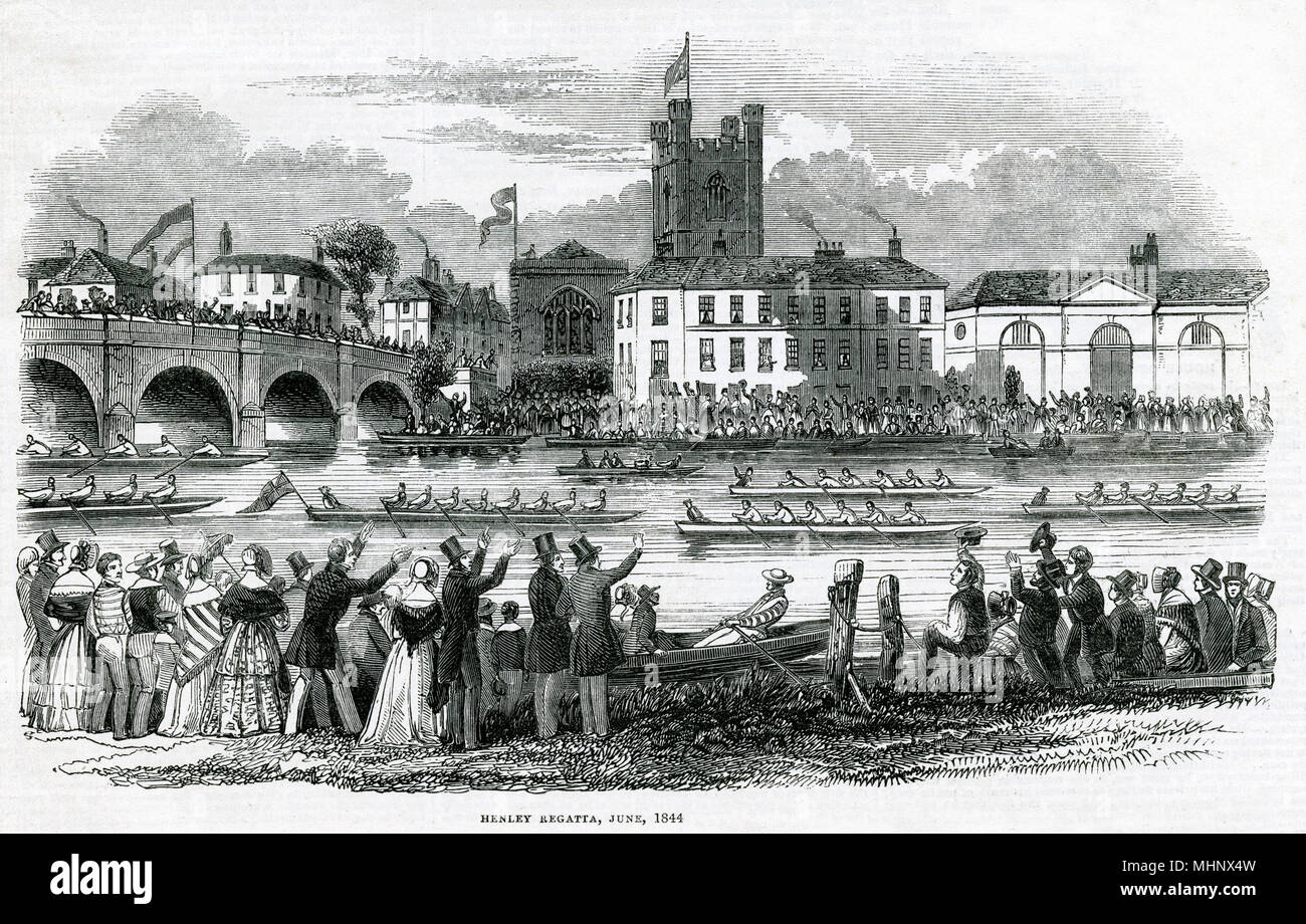 Annual event on the River Thames, showing crowds of people watching the rowers going past, established in 1839,      Date: June 1844 Stock Photo