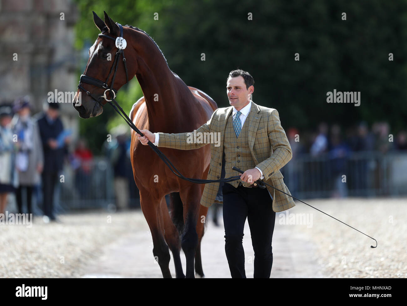 Alex Bragg with Zagreb in the trot up during day one of the Mitsubishi Motors Badminton Horse Trials at The Badminton Estate, Gloucestershire. Stock Photo