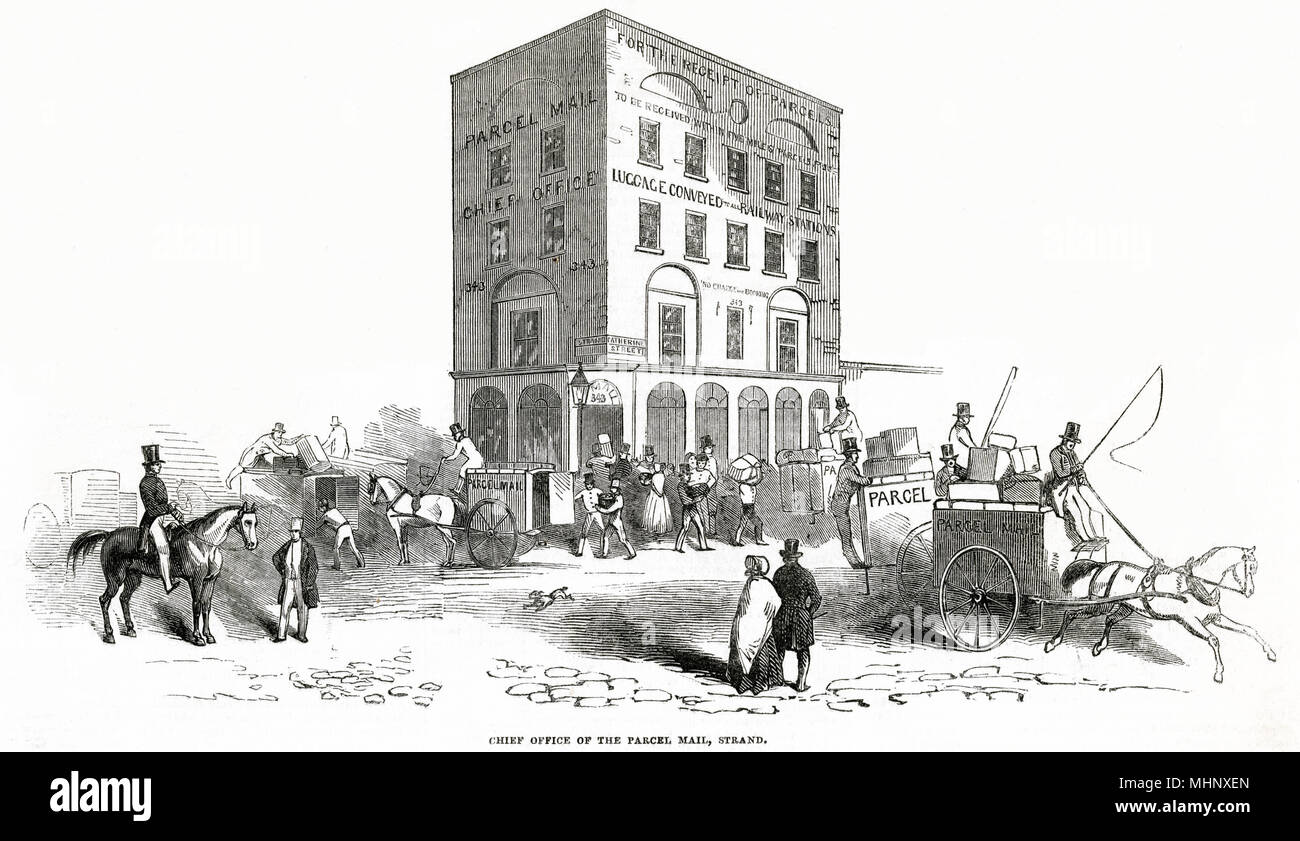 Mail coaches busy outside the main office in Catherine Street, in the Strand, London.      Date: 1846 Stock Photo