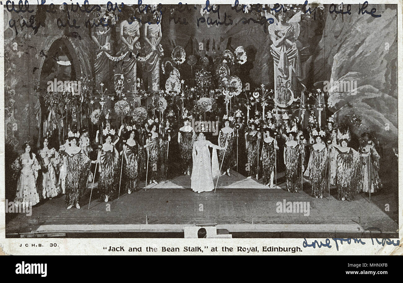 Performers on stage in an elaborately designed pantomime, Jack and the Beanstalk, at the Royal Theatre, Edinburgh.      Date: circa 1900s Stock Photo