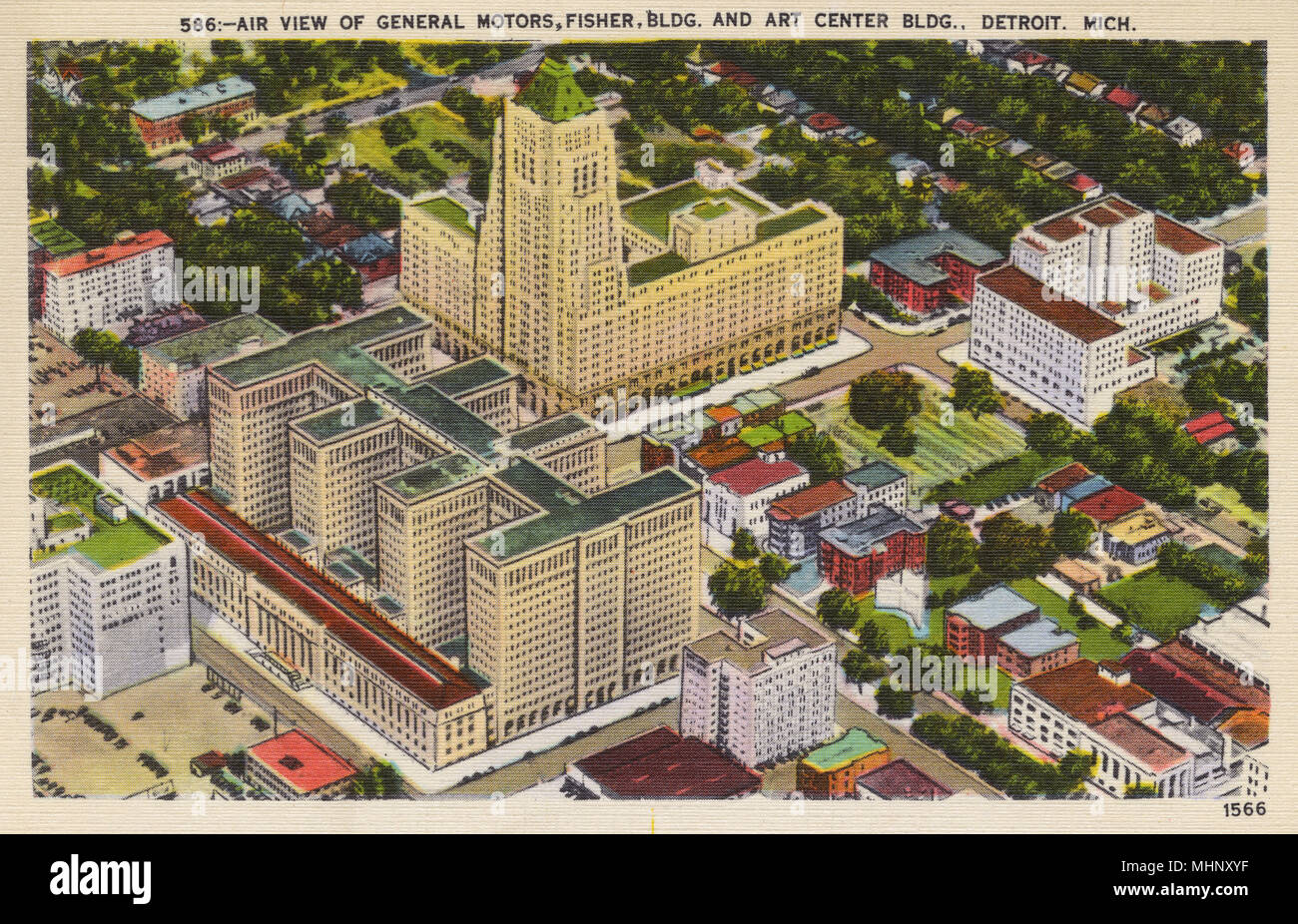 Aerial view of General Motors building, Fisher Building and Art Centre Building, Detroit, Michigan, USA.     Date: circa 1940 Stock Photo