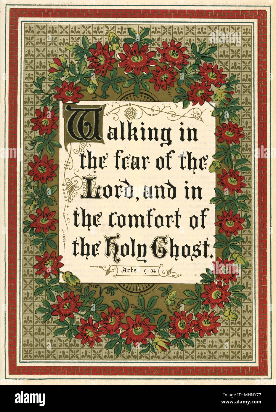 Religious verse, 'Walking in the far of the Lord, and in the comfort of the Holy Christ'.     Date: 1887 Stock Photo