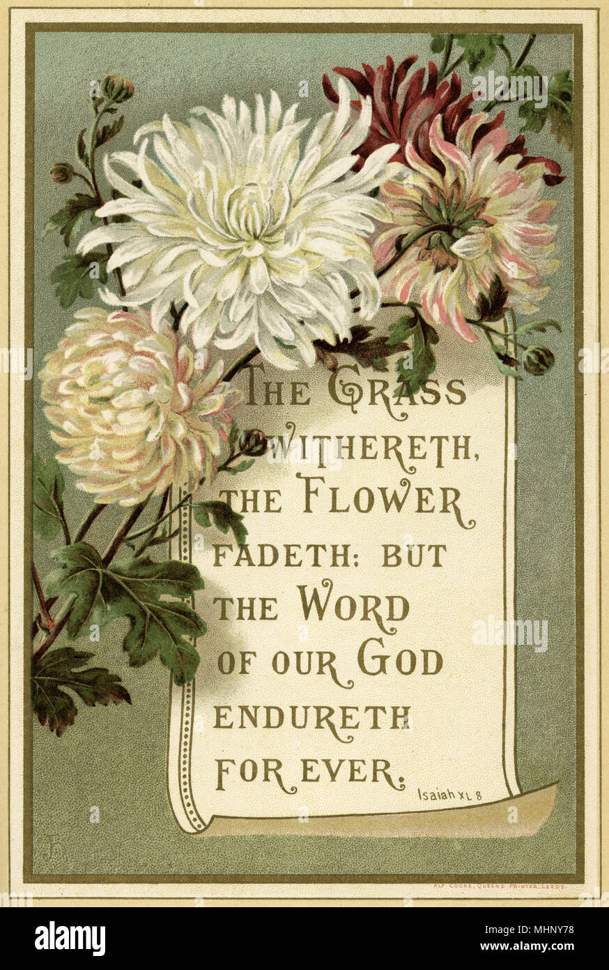Religious verse, 'The grass withereth the flower fadeth: But the word of our God endureth for ever'. Isaiah XL8     Date: 1887 Stock Photo