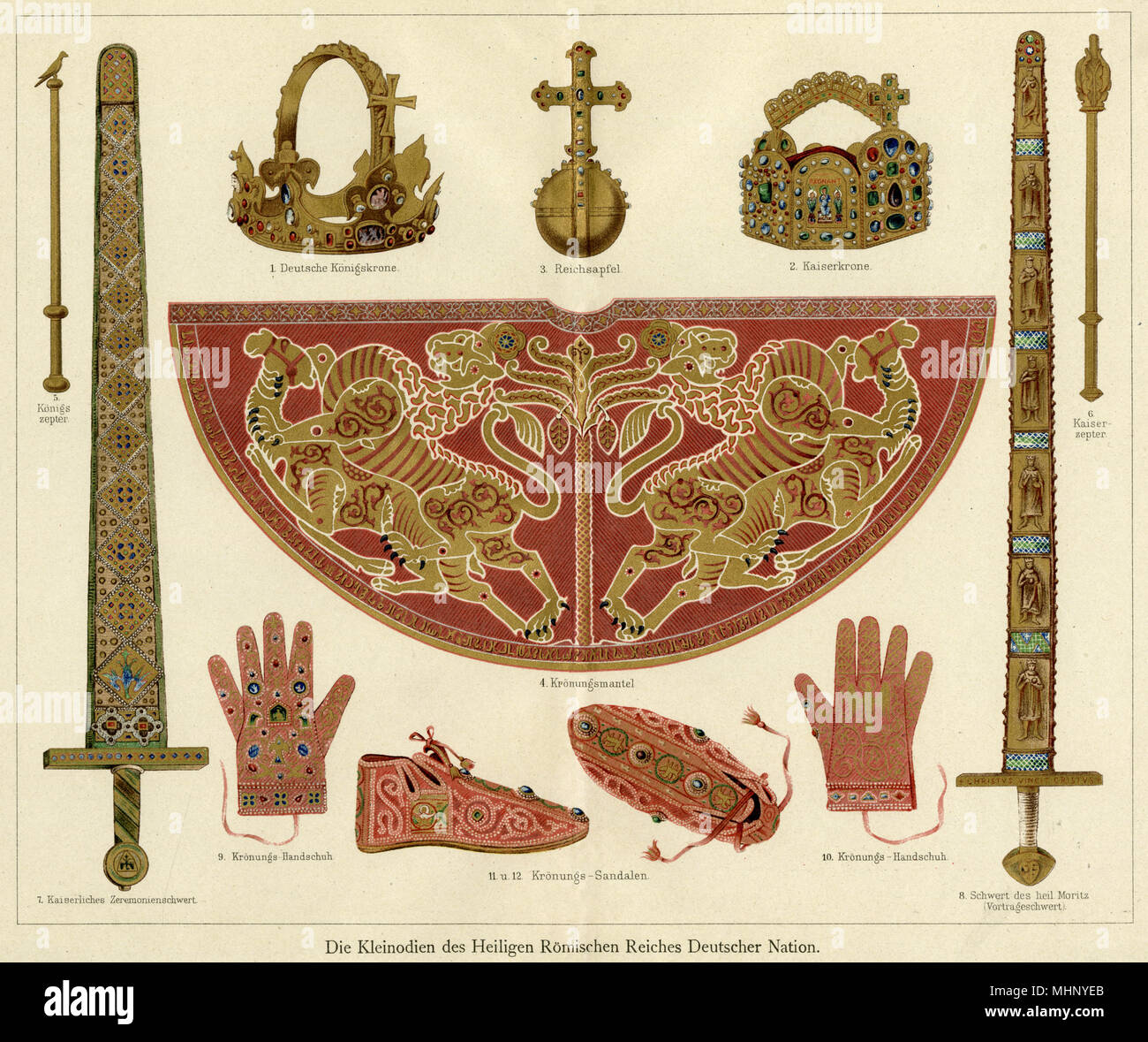 Some of the coronation regalia of the Holy Roman Empire of the German Nation: 1. German Royal Crown; 2. Imperial Crown; 3. Orb; 4. Coronation Robe; 5. King's Sceptre; 6. Imperial Sceptre; 7. Imperial Ceremonial Sword; 8. Sword of Saint Moritz; 9/10. Coronation Gloves; 11/12. Coronation Sandals.      Date: medieval Stock Photo