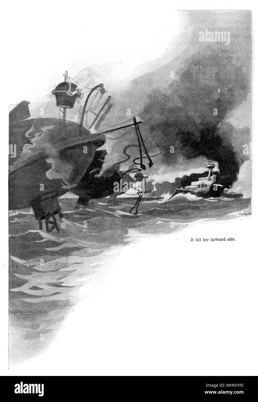 A Martina fighting machine discharges a canister of black gas which hit the Ironclad warship on the larboard (port) side. The War of the Worlds is a science fiction novel by English author H. G. Wells (1866-1946). This plate comes from the first serialised version, published in 1897 by Pearson's Magazine in the UK.     Date: 1897 Stock Photo