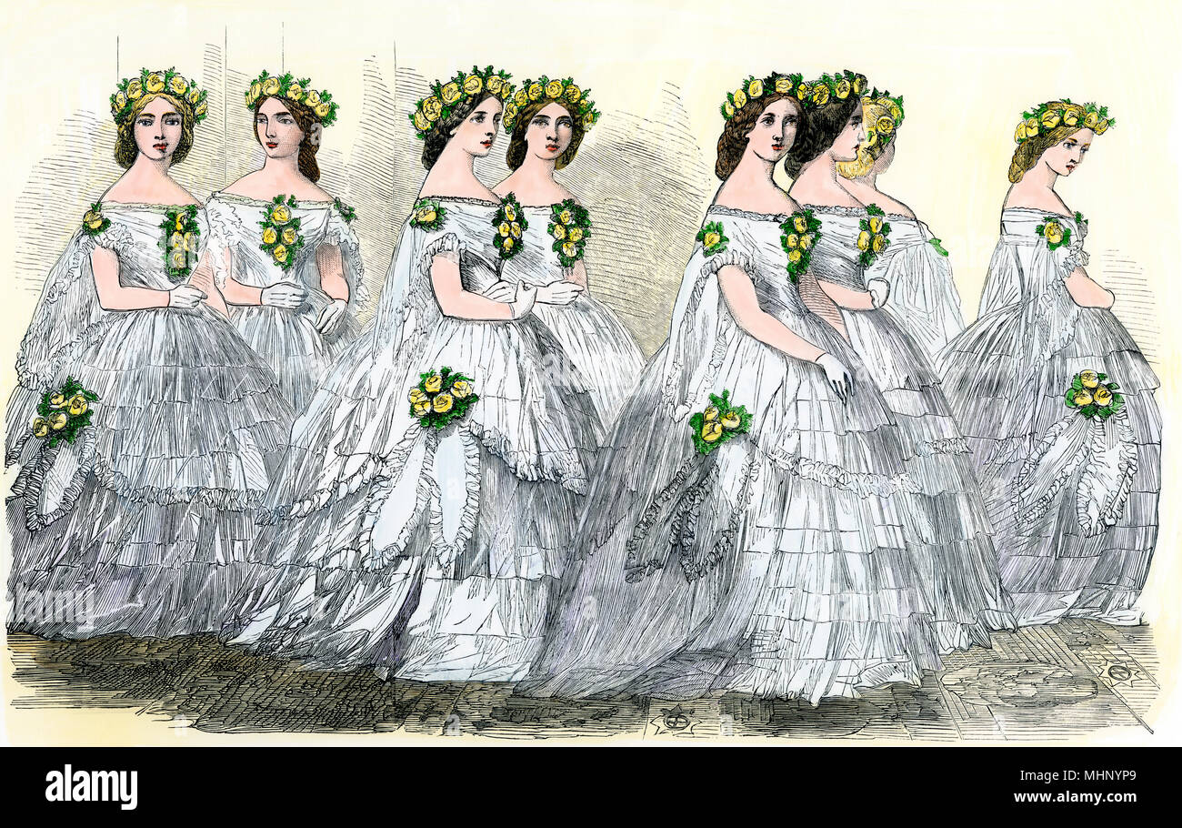 Bridesmaids at the wedding of Queen Victoria's daughter, Princess Victoria, to Frederick III, then Crown Prince of Prussia, 1858. Hand-colored woodcut Stock Photo