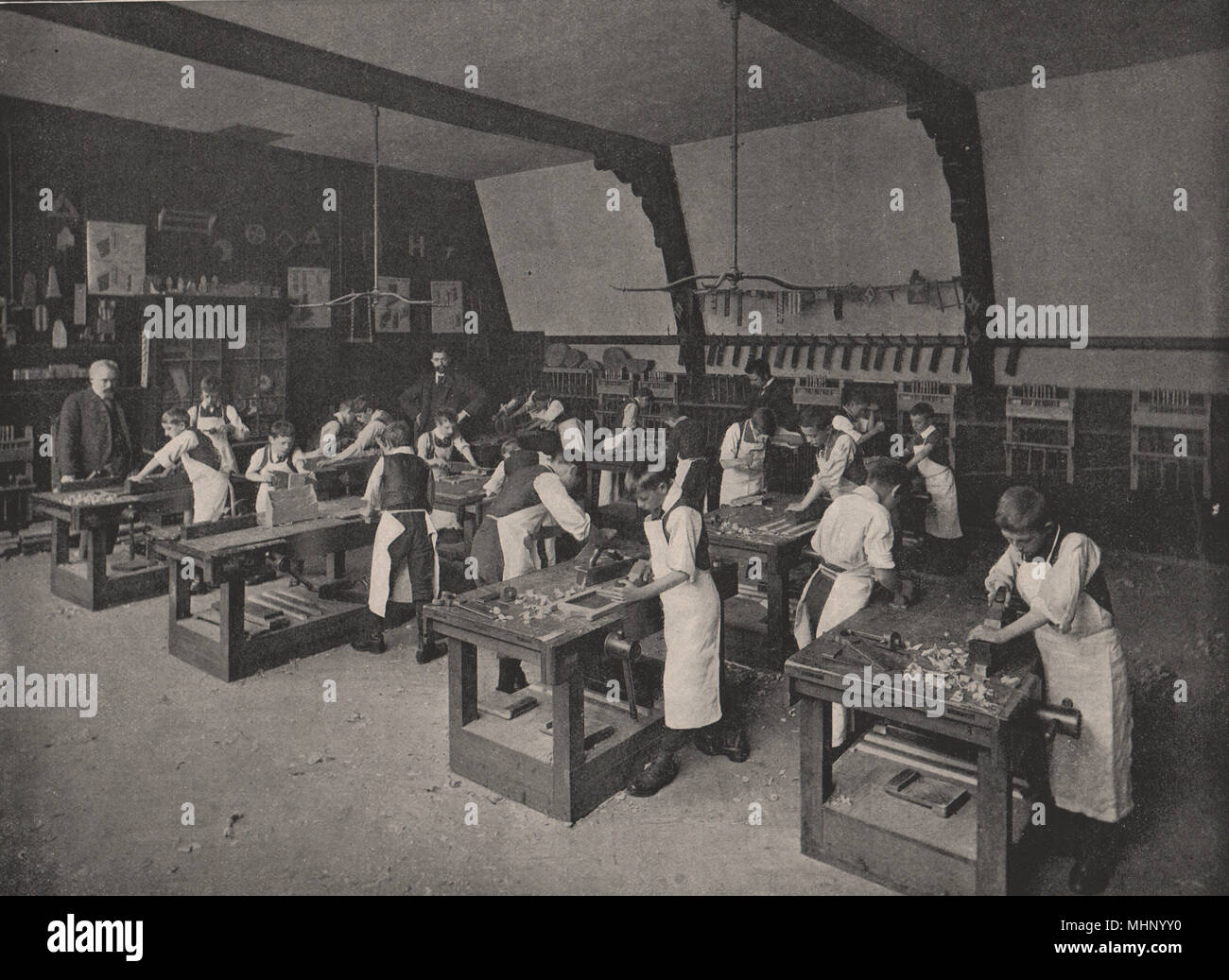 A board school carpentry class. London. Education 1896 old antique print Stock Photo