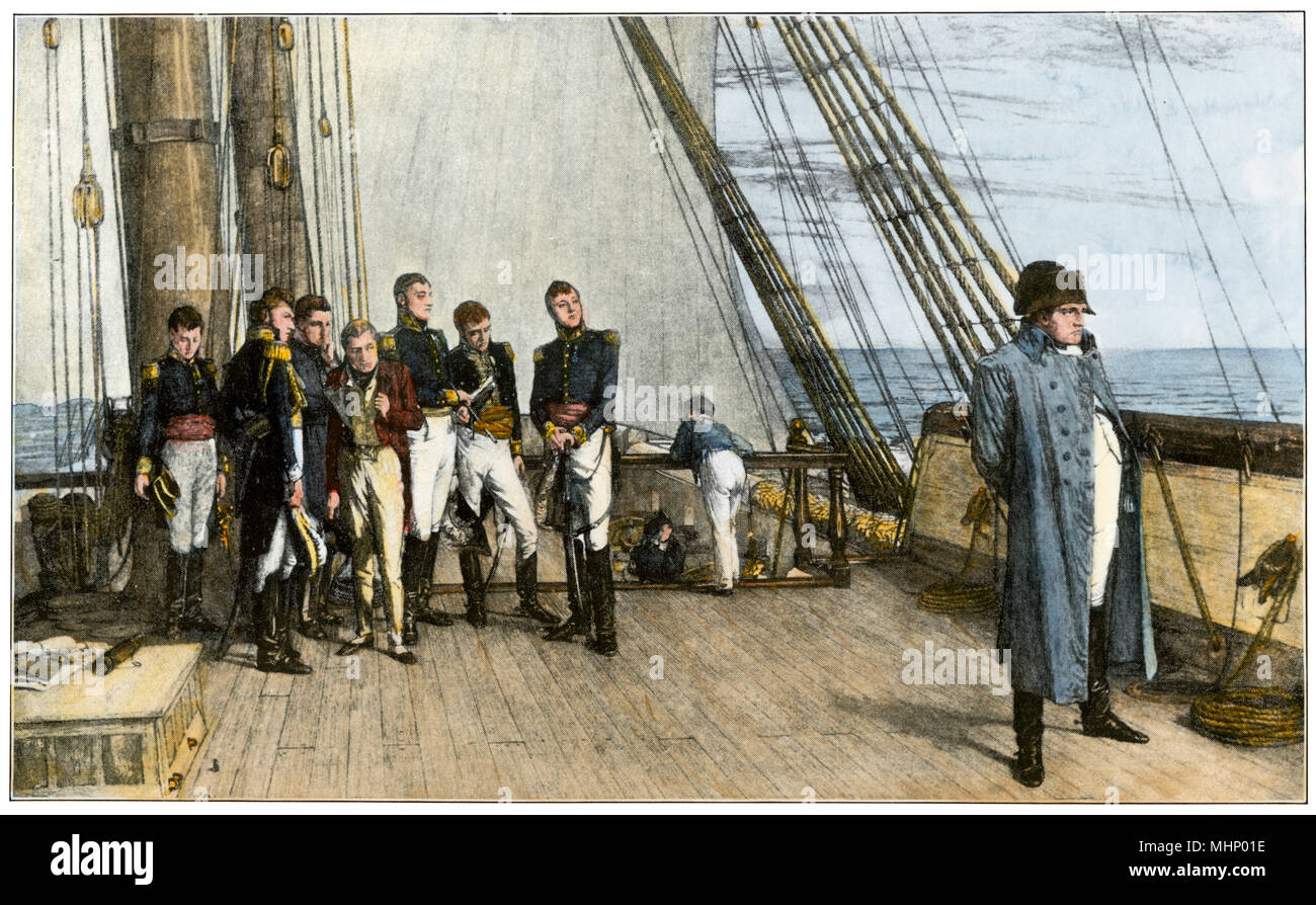 Napoleon sent into exile aboard H.M.S. Bellerophon, July 23, 1815. Hand-colored halftone of an illustration Stock Photo