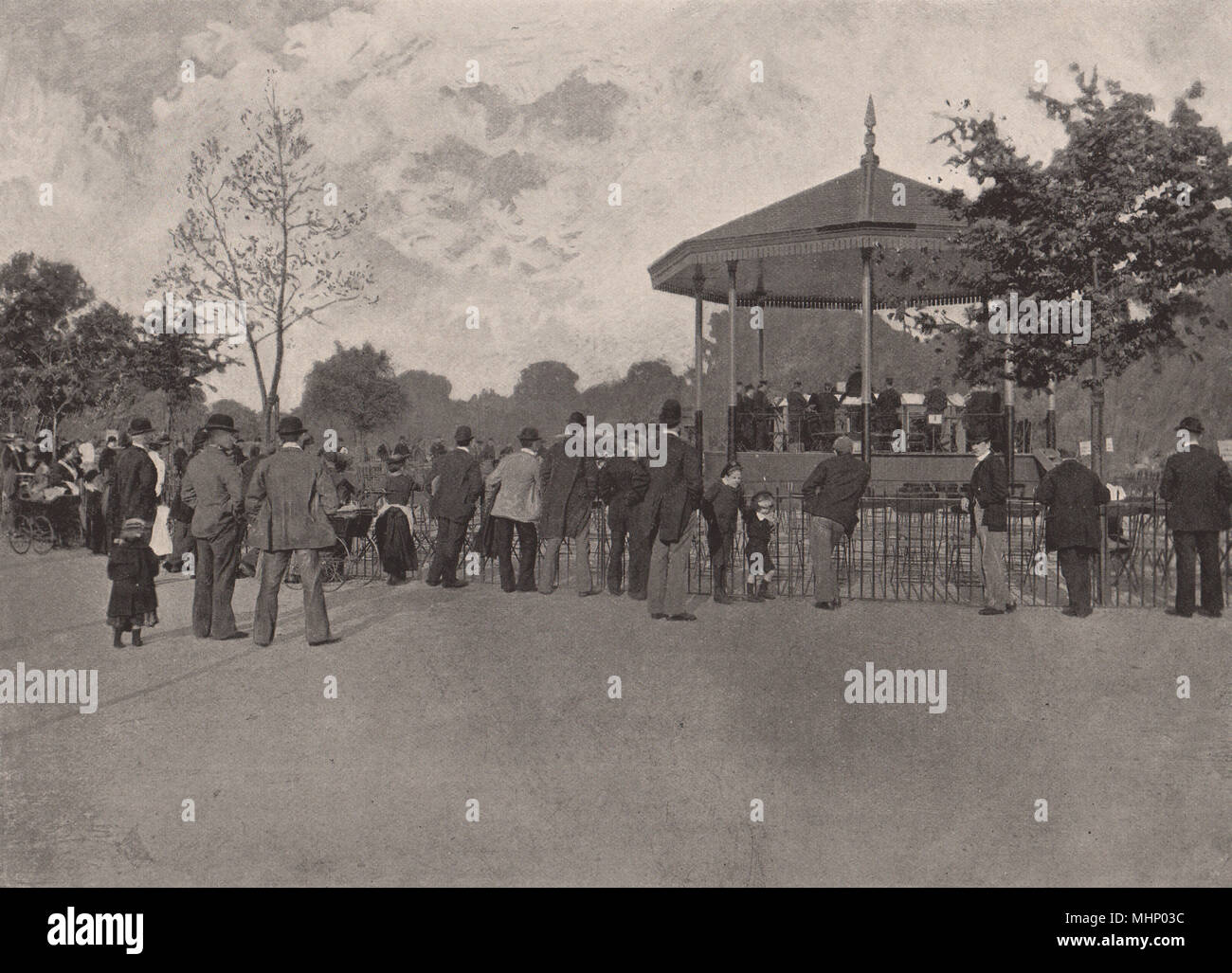 A London County Council Band in Battersea Park. London. Parks 1896 old print Stock Photo