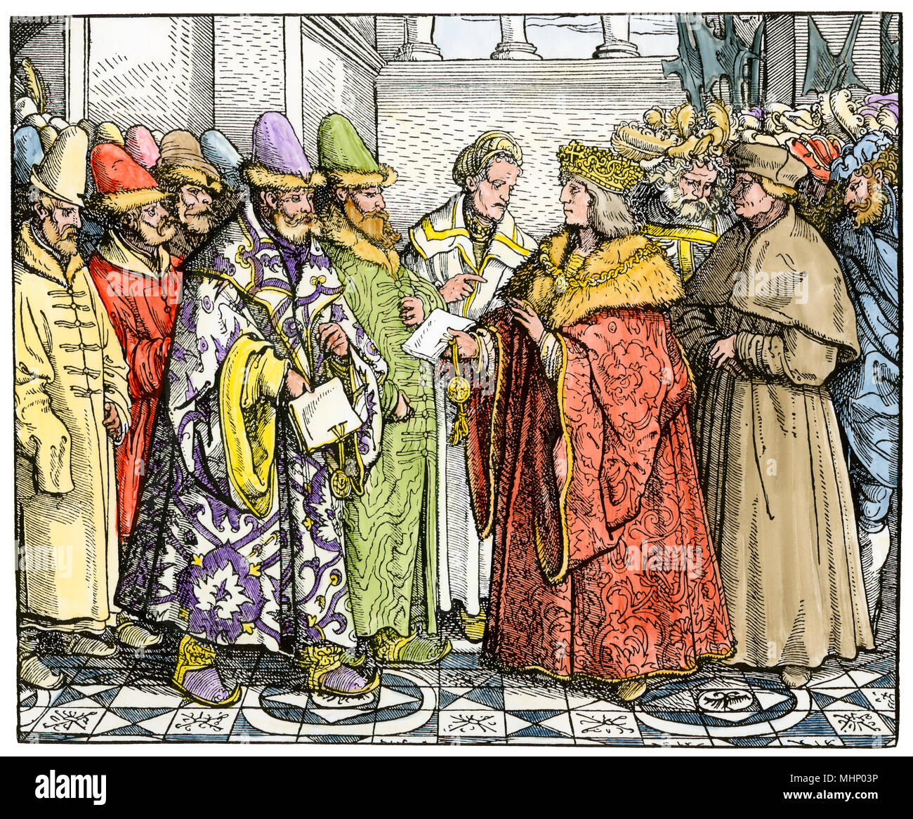 Emperor Maximilian I greeting Russian delegation of Vasily. Hand-colored woodcut Stock Photo