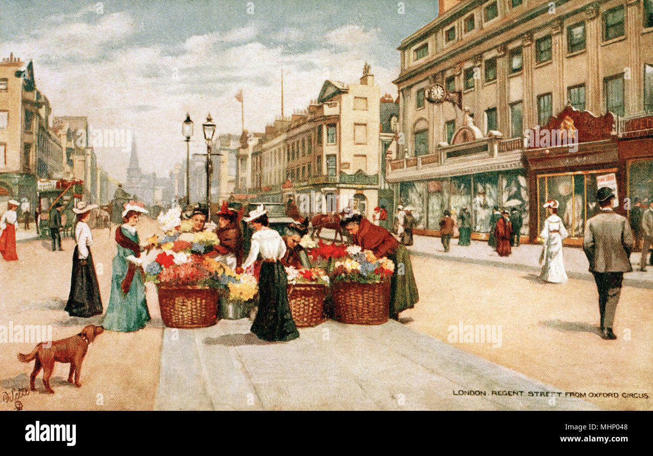 Flower sellers in Regent Street, viewed from Oxford Circus (looking north), Central London. Date